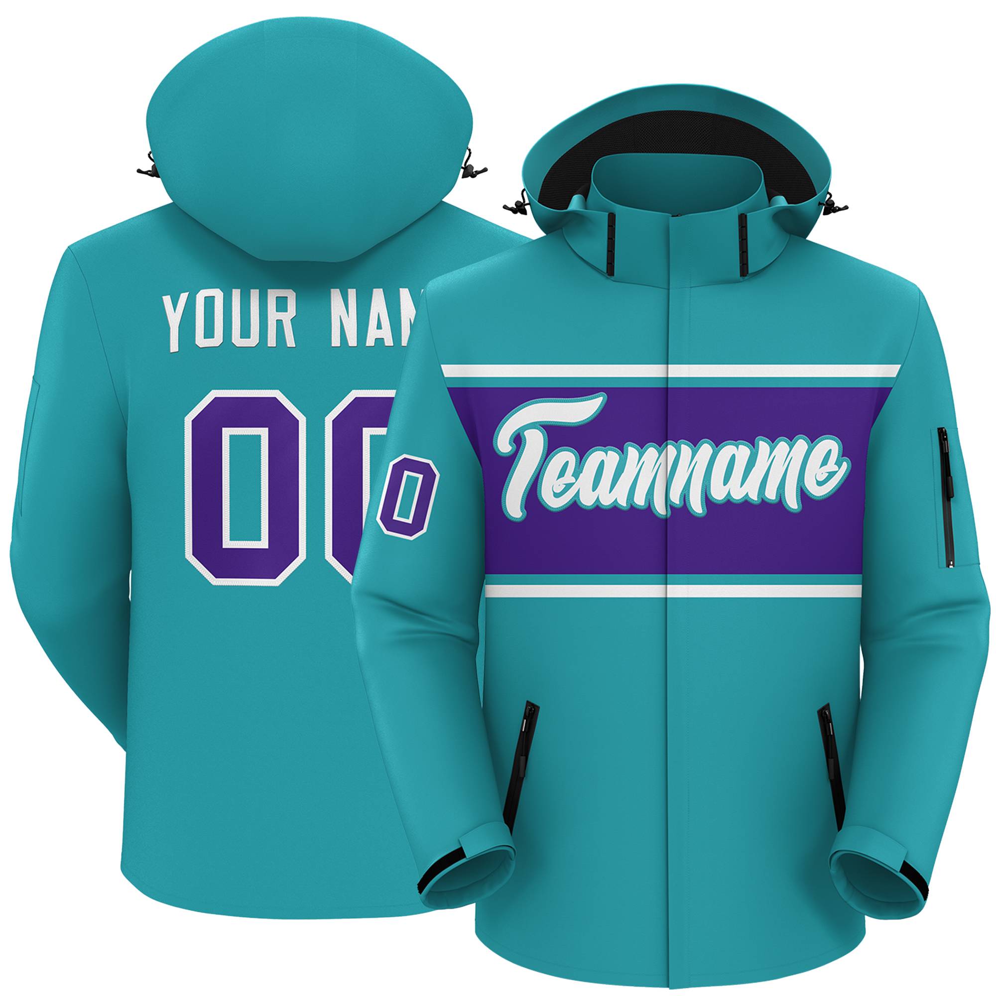 Custom Aqua White-Purple Color Block Personalized Outdoor Hooded Waterproof Jacket