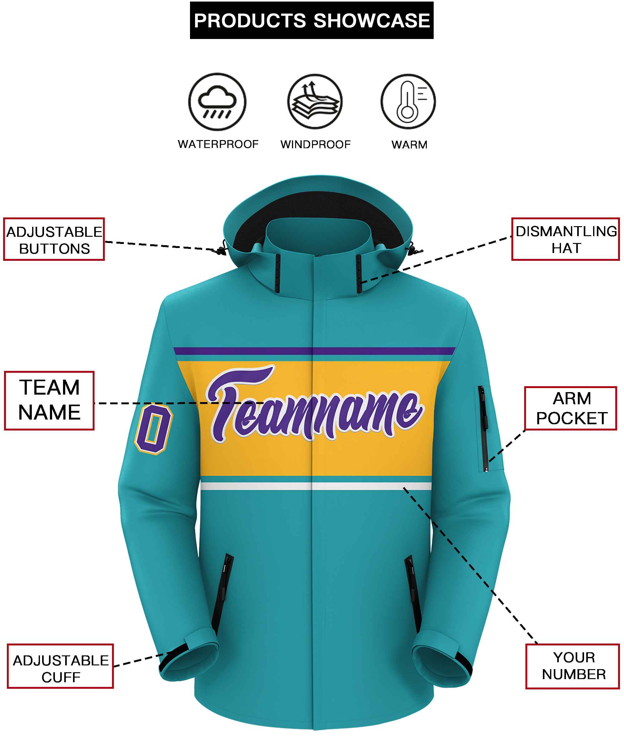 Custom Aqua Purple-Gold Color Block Personalized Outdoor Hooded Waterproof Jacket