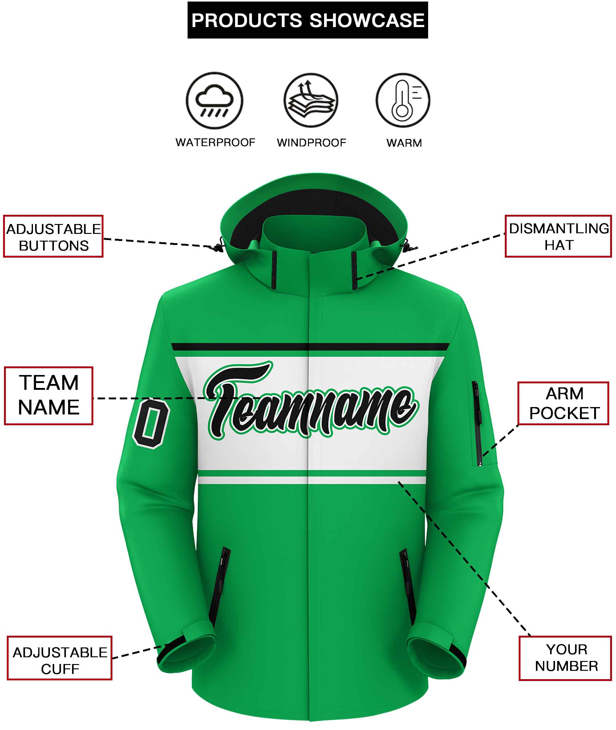 Custom Kelly Green Black-White Color Block Personalized Outdoor Hooded Waterproof Jacket