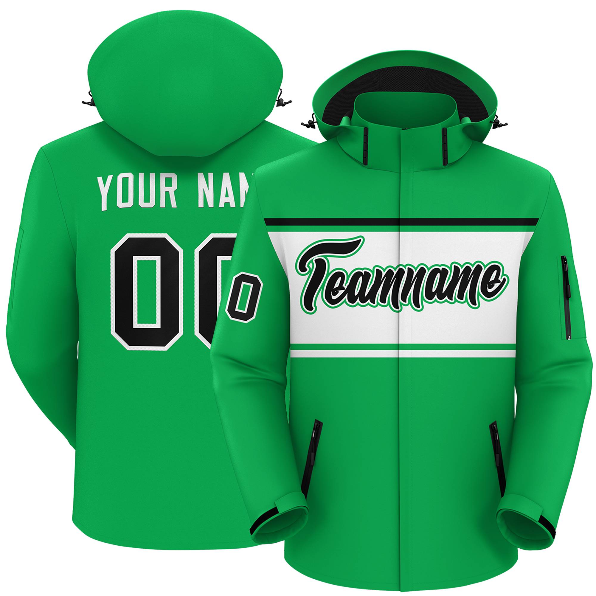 Custom Kelly Green Black-White Color Block Personalized Outdoor Hooded Waterproof Jacket