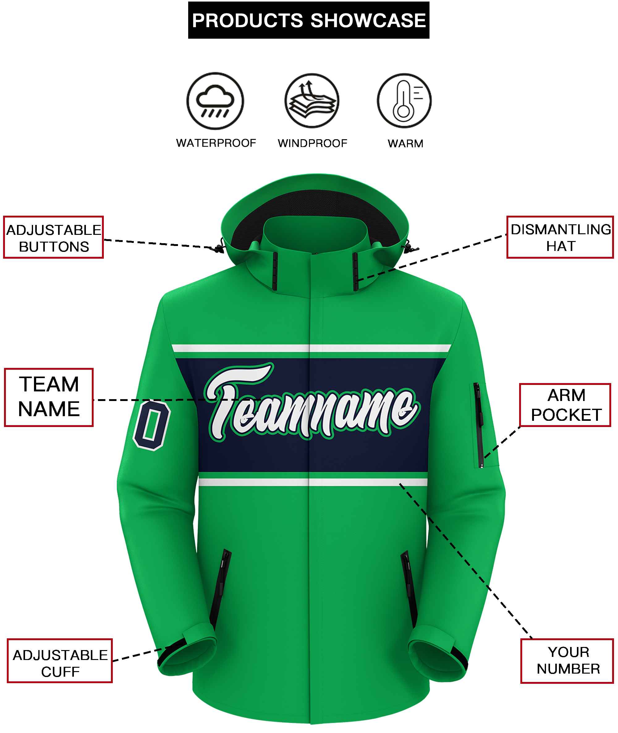 Custom Kelly Green White-Navy Color Block Personalized Outdoor Hooded Waterproof Jacket