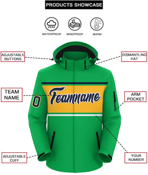 Custom Kelly Green Navy-Gold Color Block Personalized Outdoor Hooded Waterproof Jacket