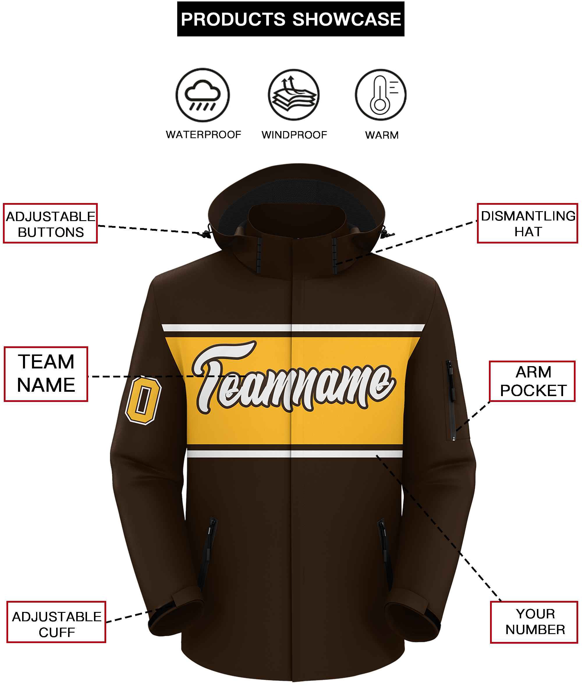 Custom Brown White-Gold Color Block Personalized Outdoor Hooded Waterproof Jacket