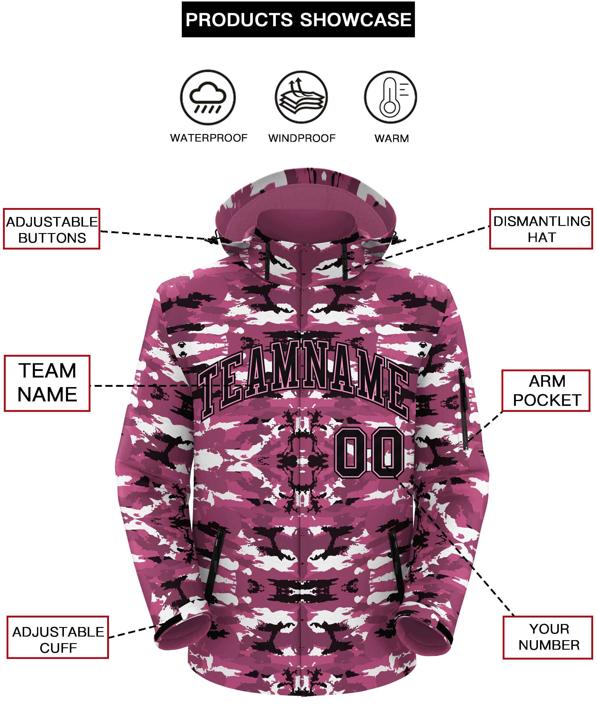 Custom Black Pink Camo Outdoor Windbreaker Personalized Waterproof Jacket