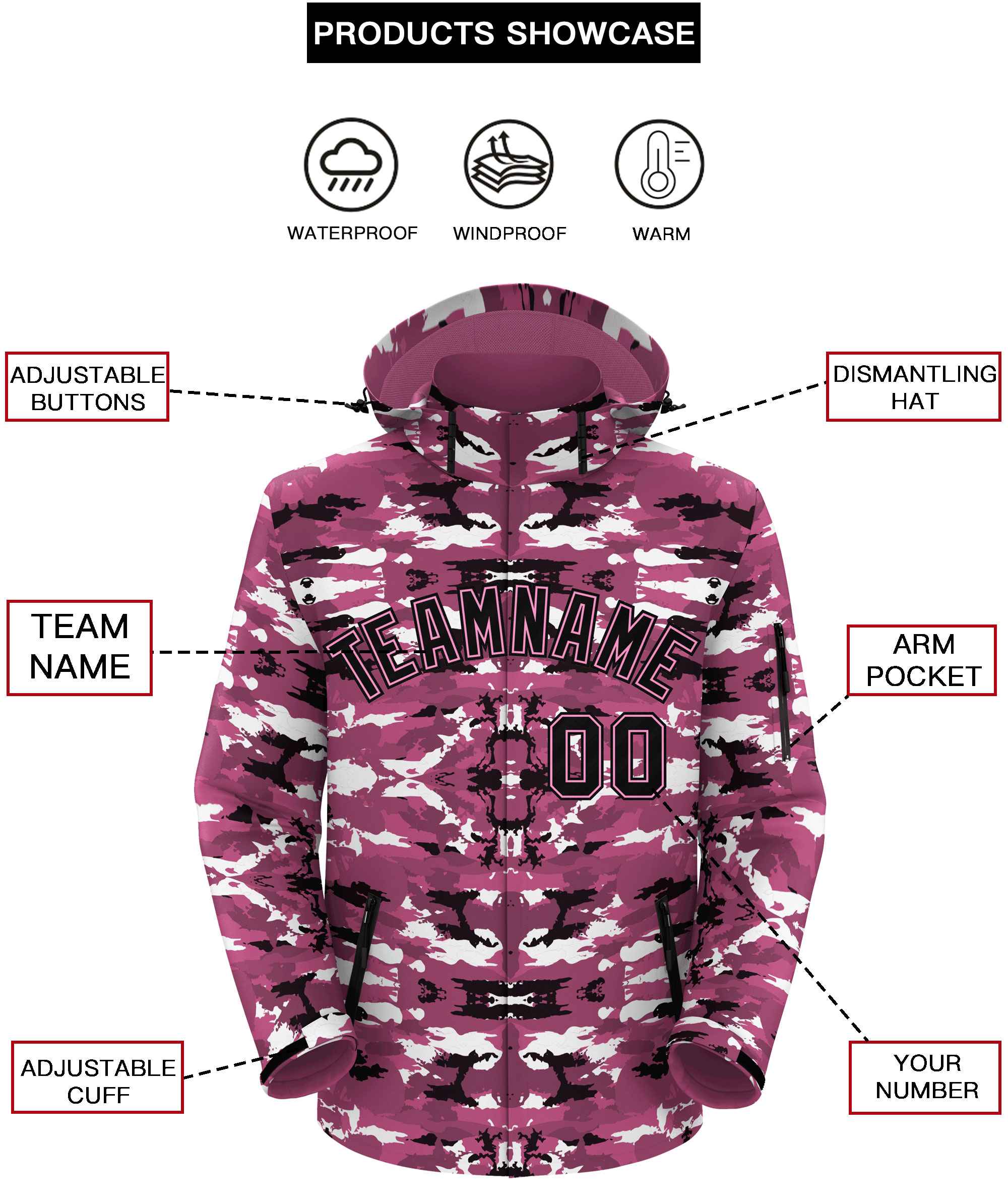 Custom Black Pink Camo Outdoor Windbreaker Personalized Waterproof Jacket