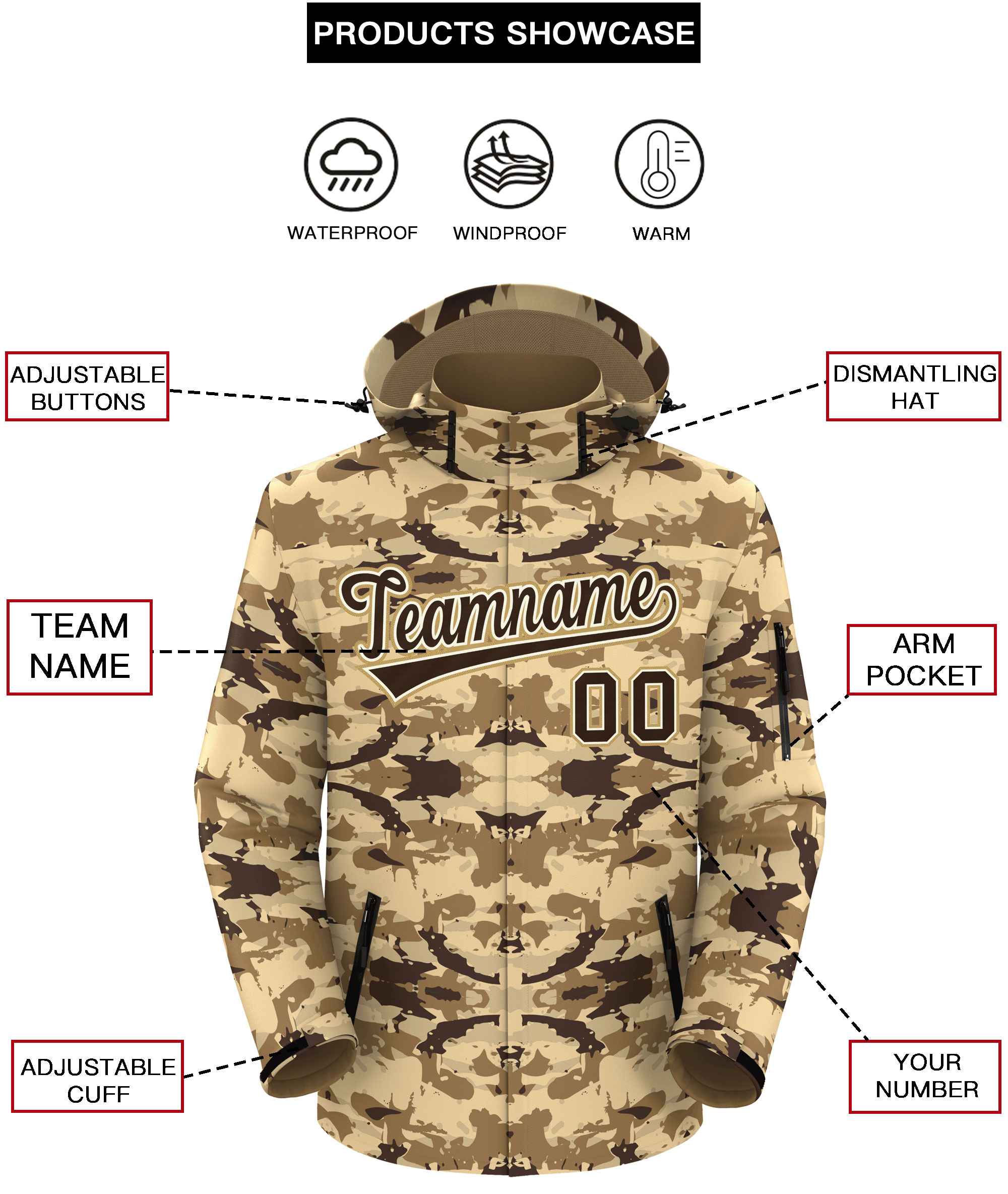 Custom Brown White-Old Gold Camo Outdoor Windbreaker Personalized Waterproof Jacket