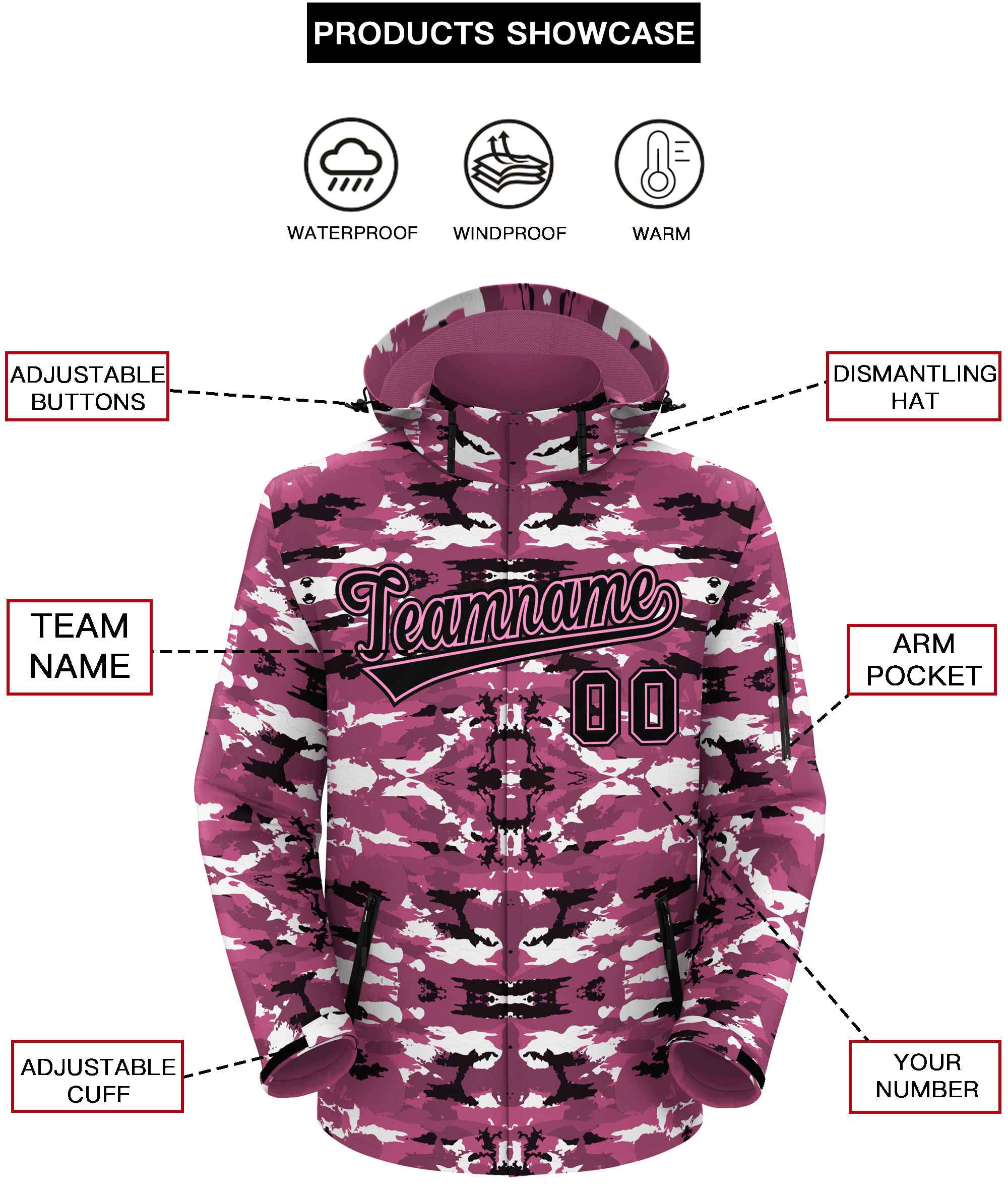 Custom Black Pink Camo Outdoor Windbreaker Personalized Waterproof Jacket