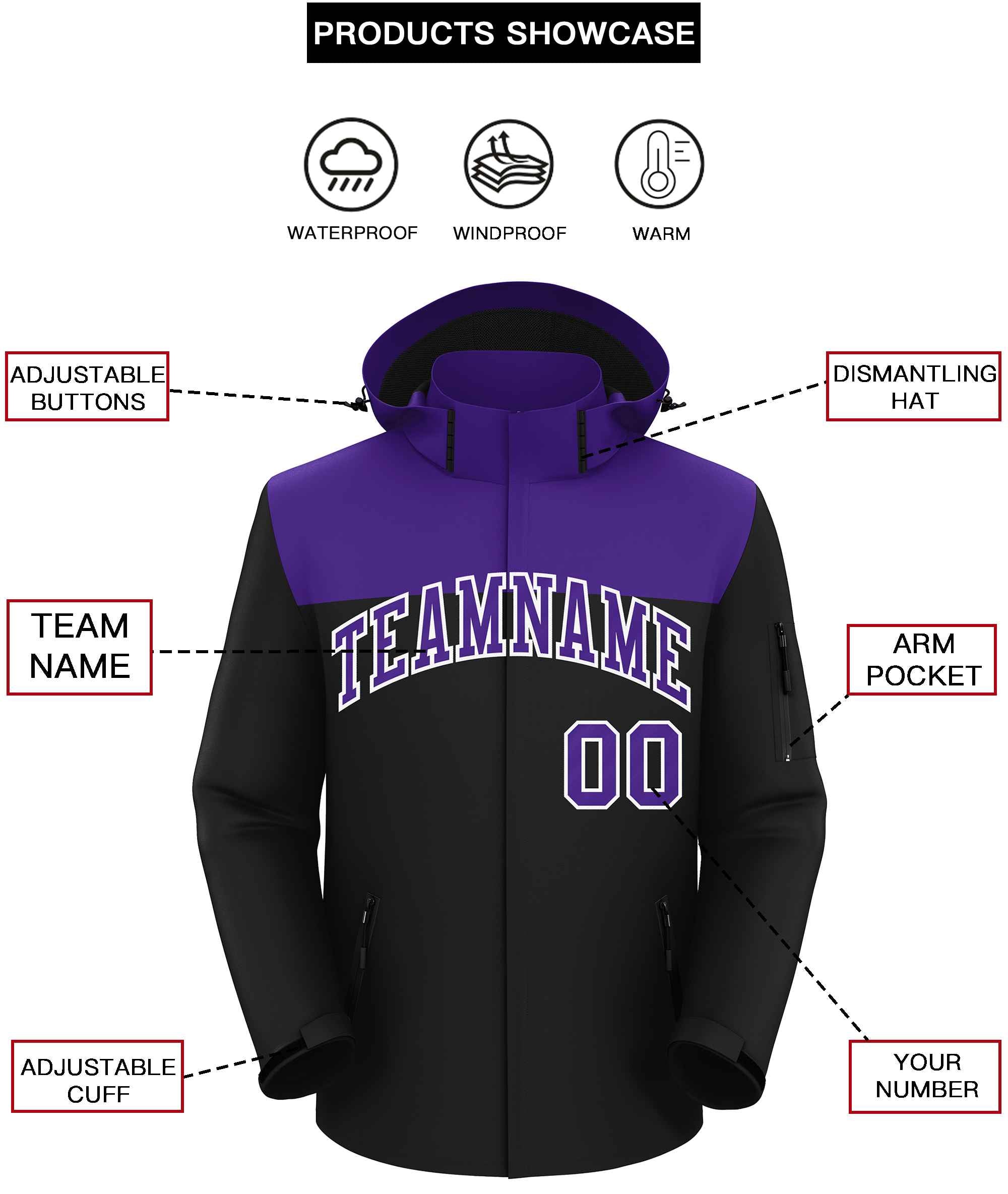 Custom Purple Black-White Two Tone Waterproof Jacket