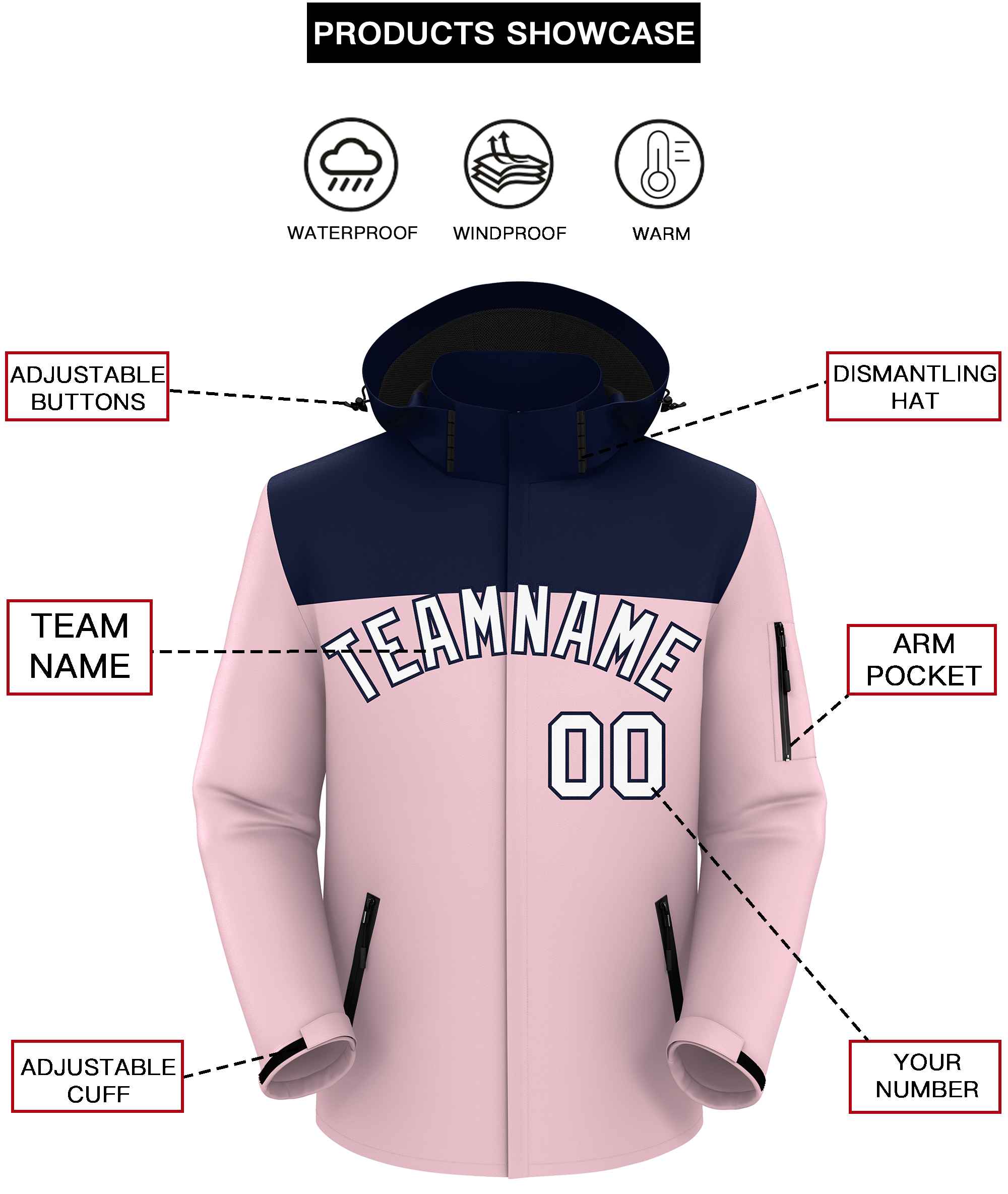 Custom Navy Light Pink-White Two Tone Waterproof Jacket