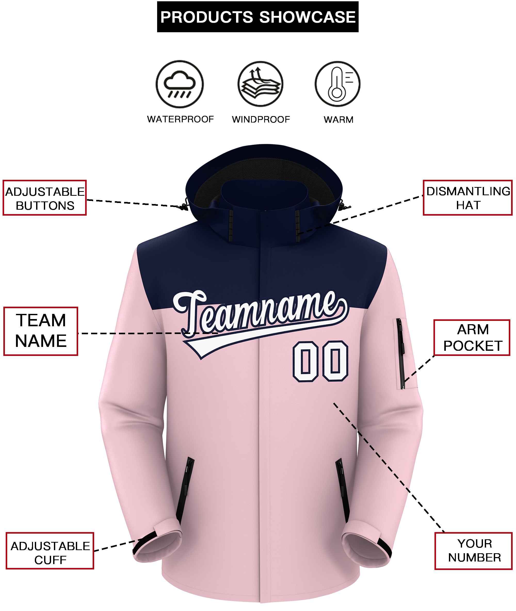 Custom Navy Light Pink-White Two Tone Waterproof Jacket