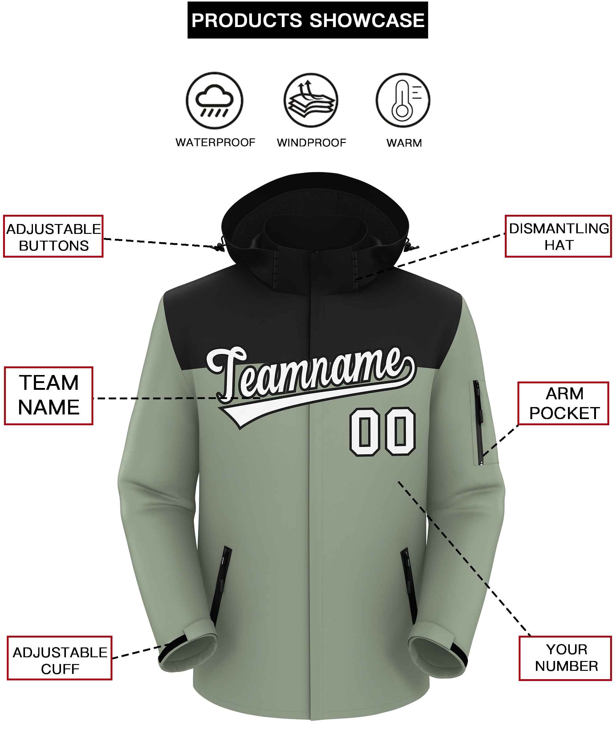 Custom Black Green-White Two Tone Waterproof Jacket