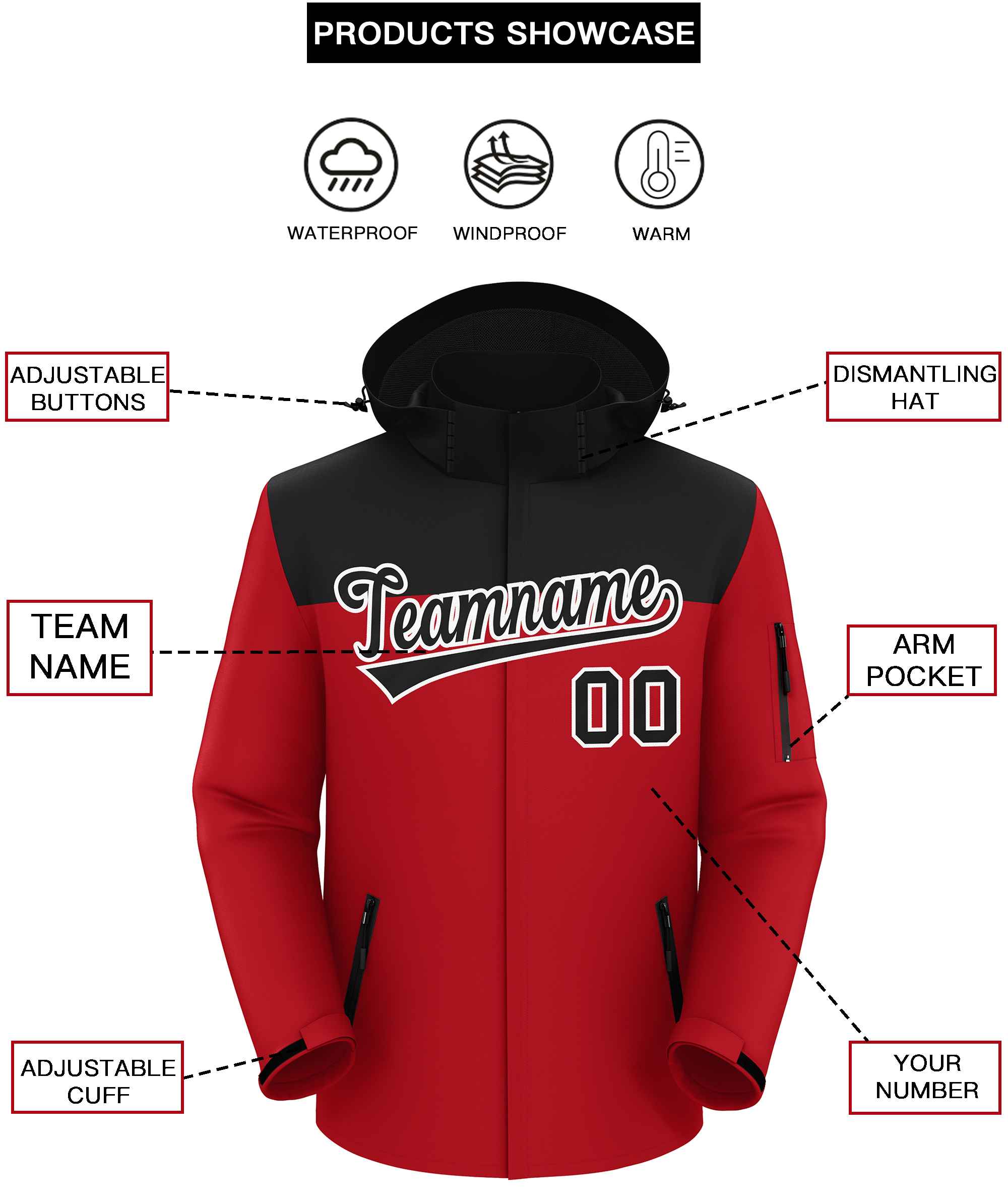 Custom Black Red-White Two Tone Waterproof Jacket