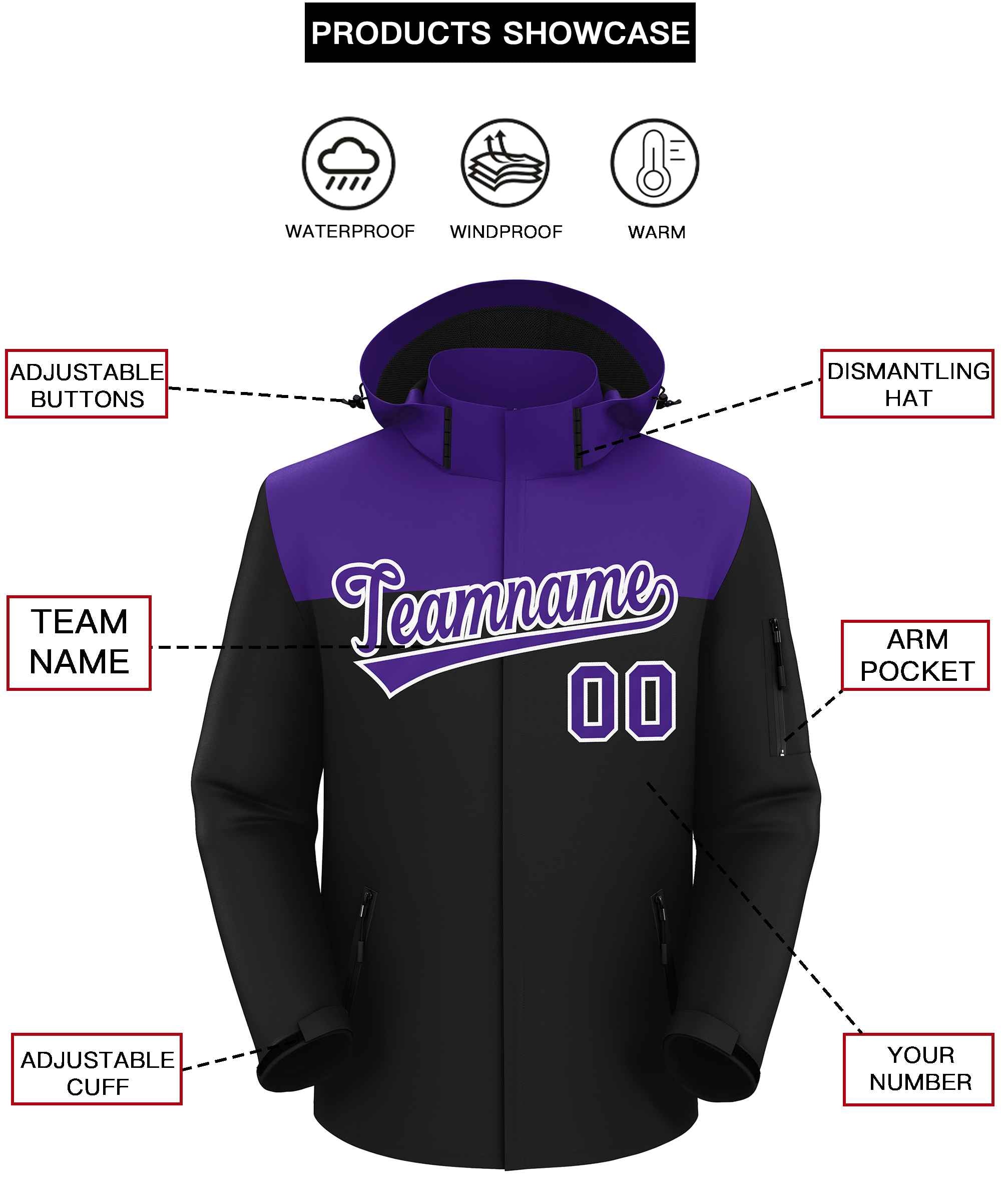 Custom Purple Black-White Two Tone Waterproof Jacket