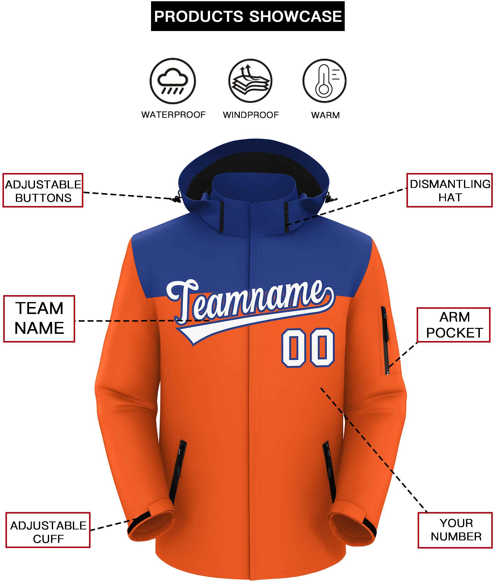 Custom Royal Orange-White Two Tone Waterproof Jacket