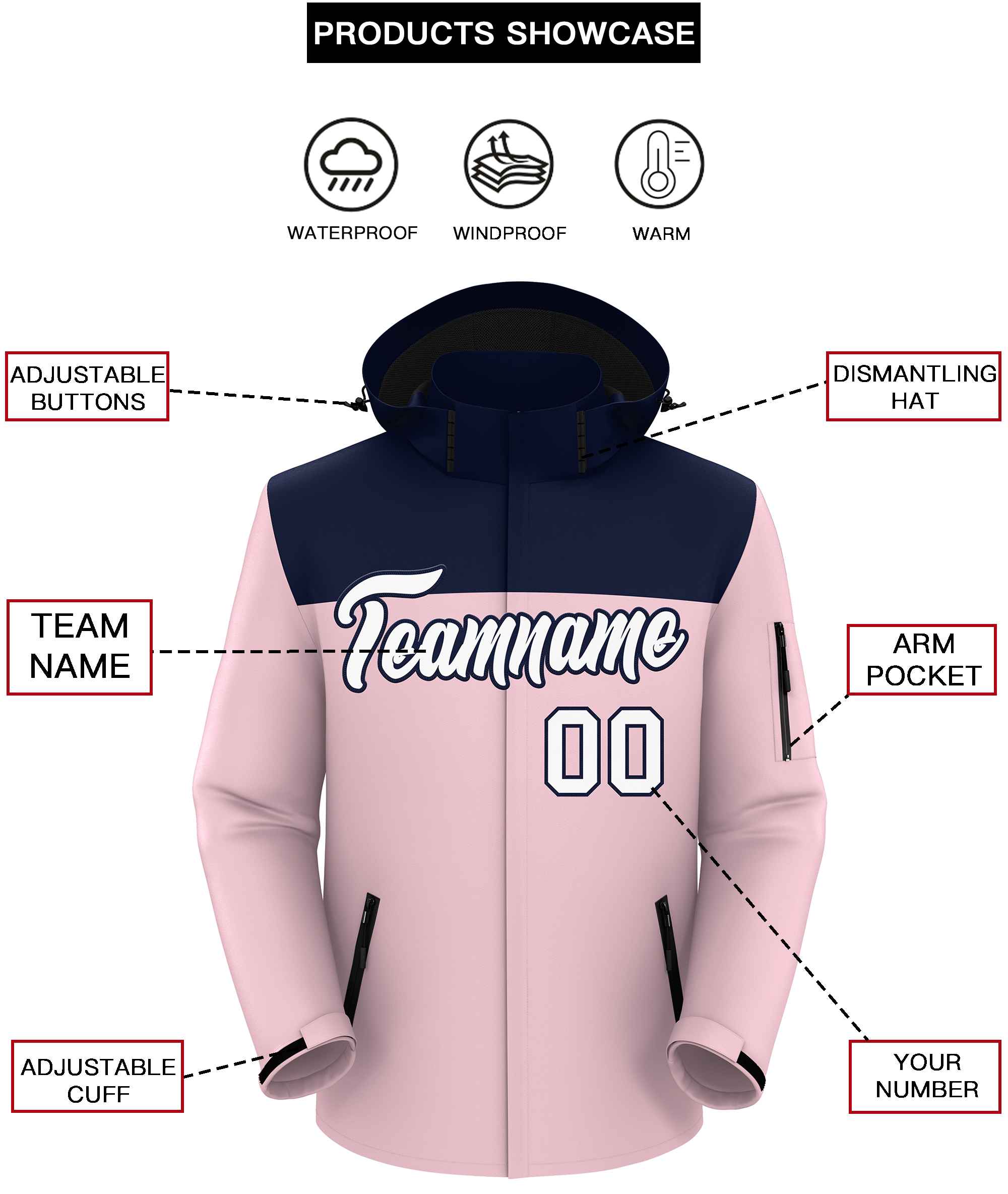 Custom Navy Light Pink-White Two Tone Waterproof Jacket