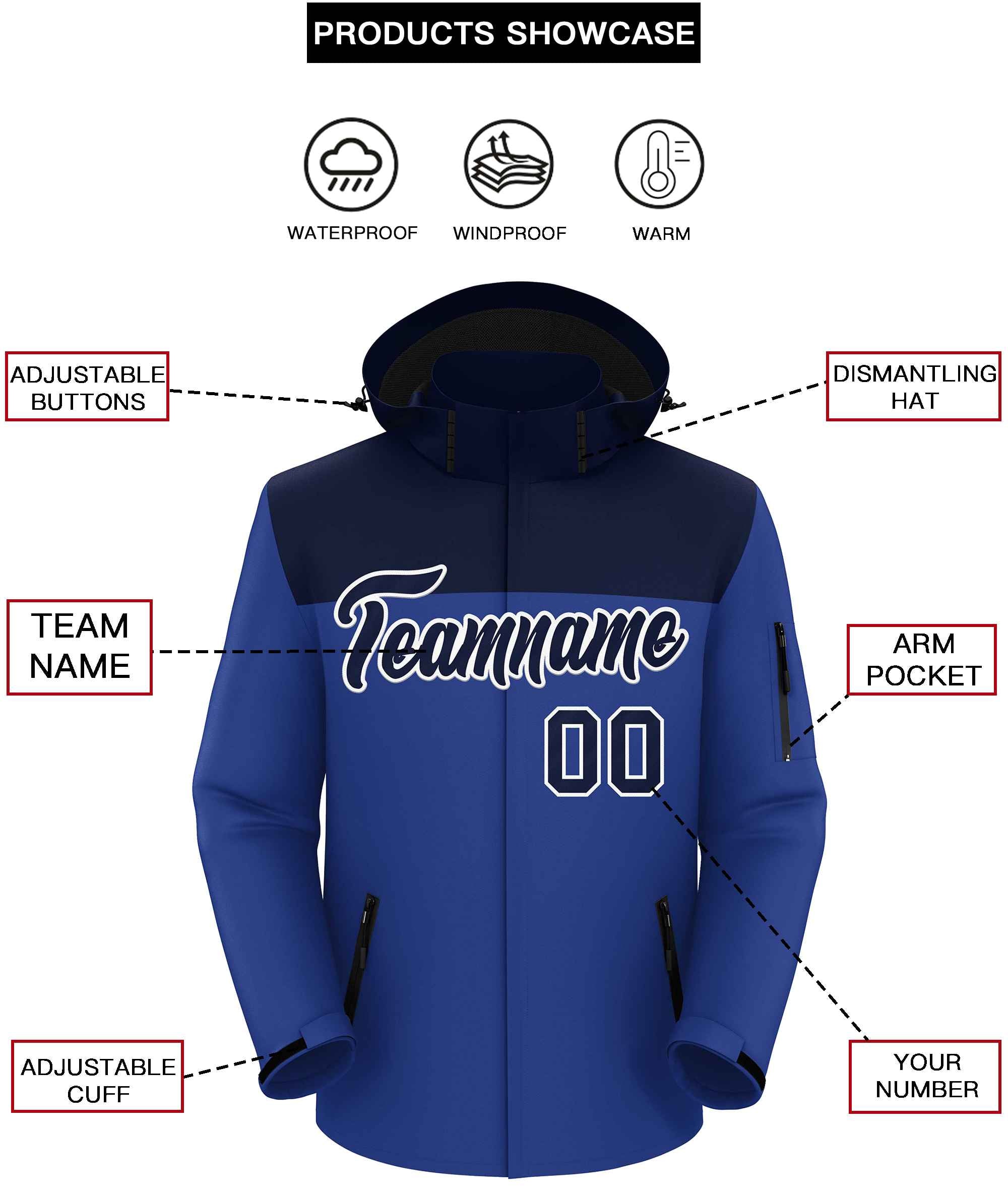 Custom Navy Royal-White Two Tone Waterproof Jacket