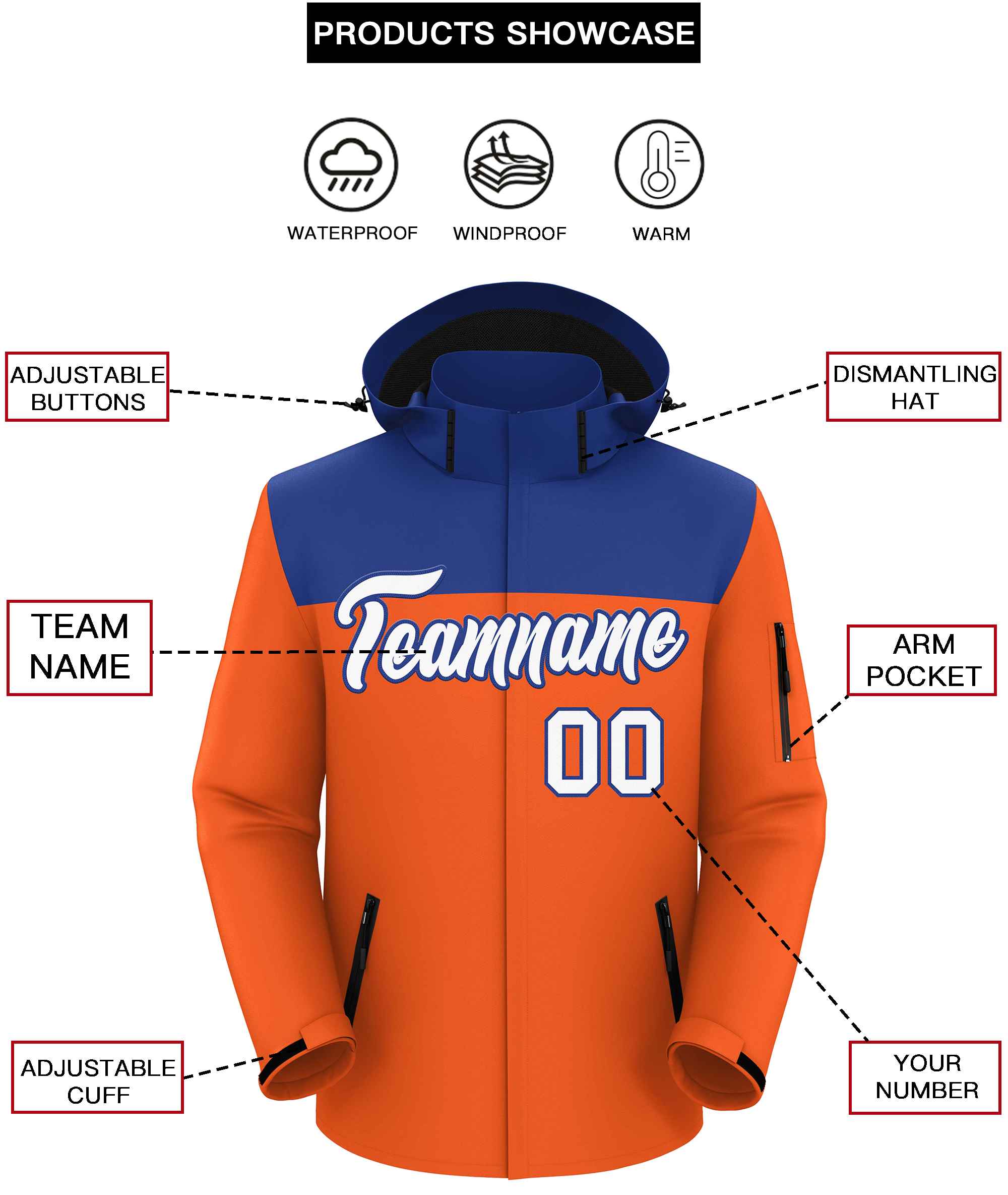 Custom Royal Orange-White Two Tone Waterproof Jacket