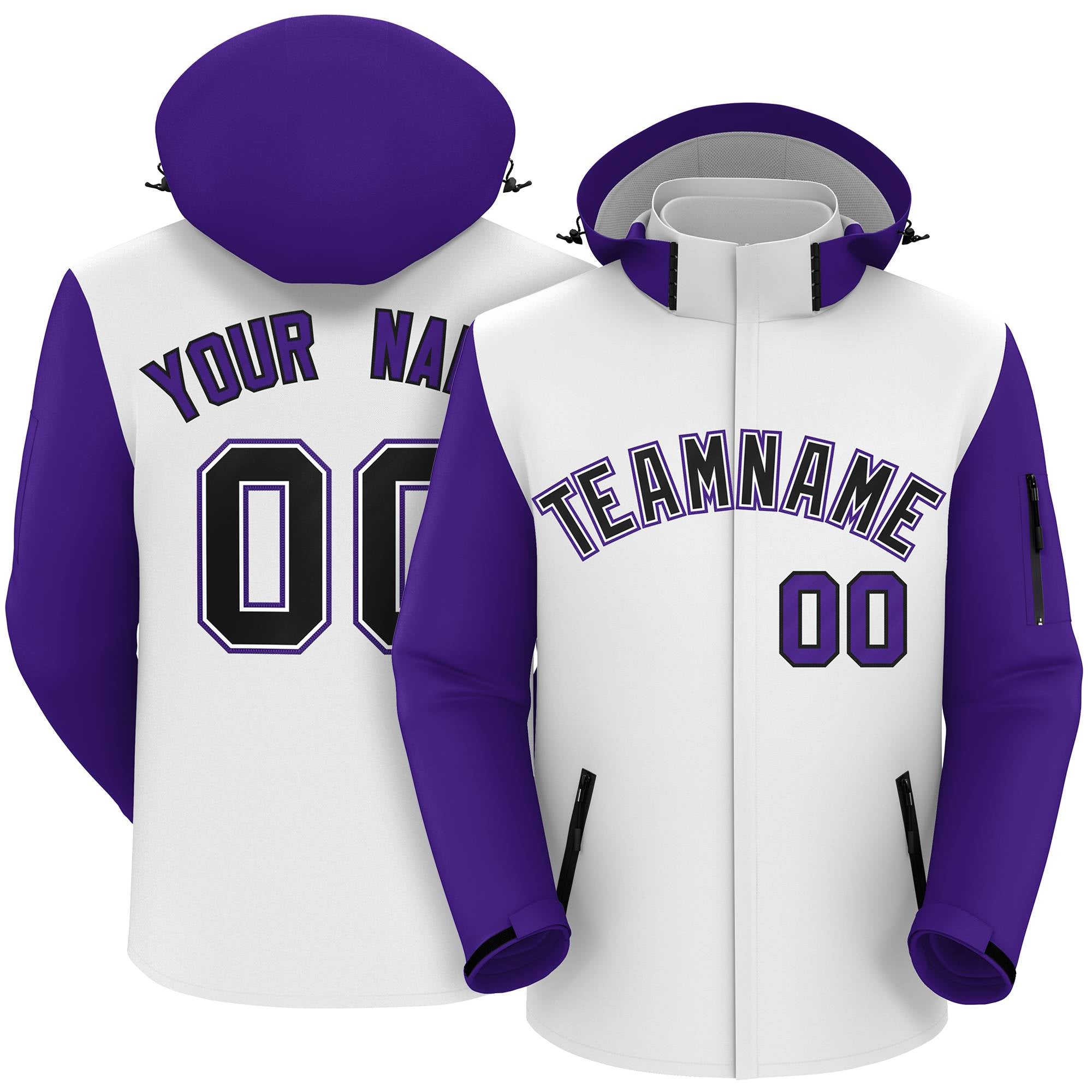 Veste imperméable personnalisée à manches raglan blanc violet-noir