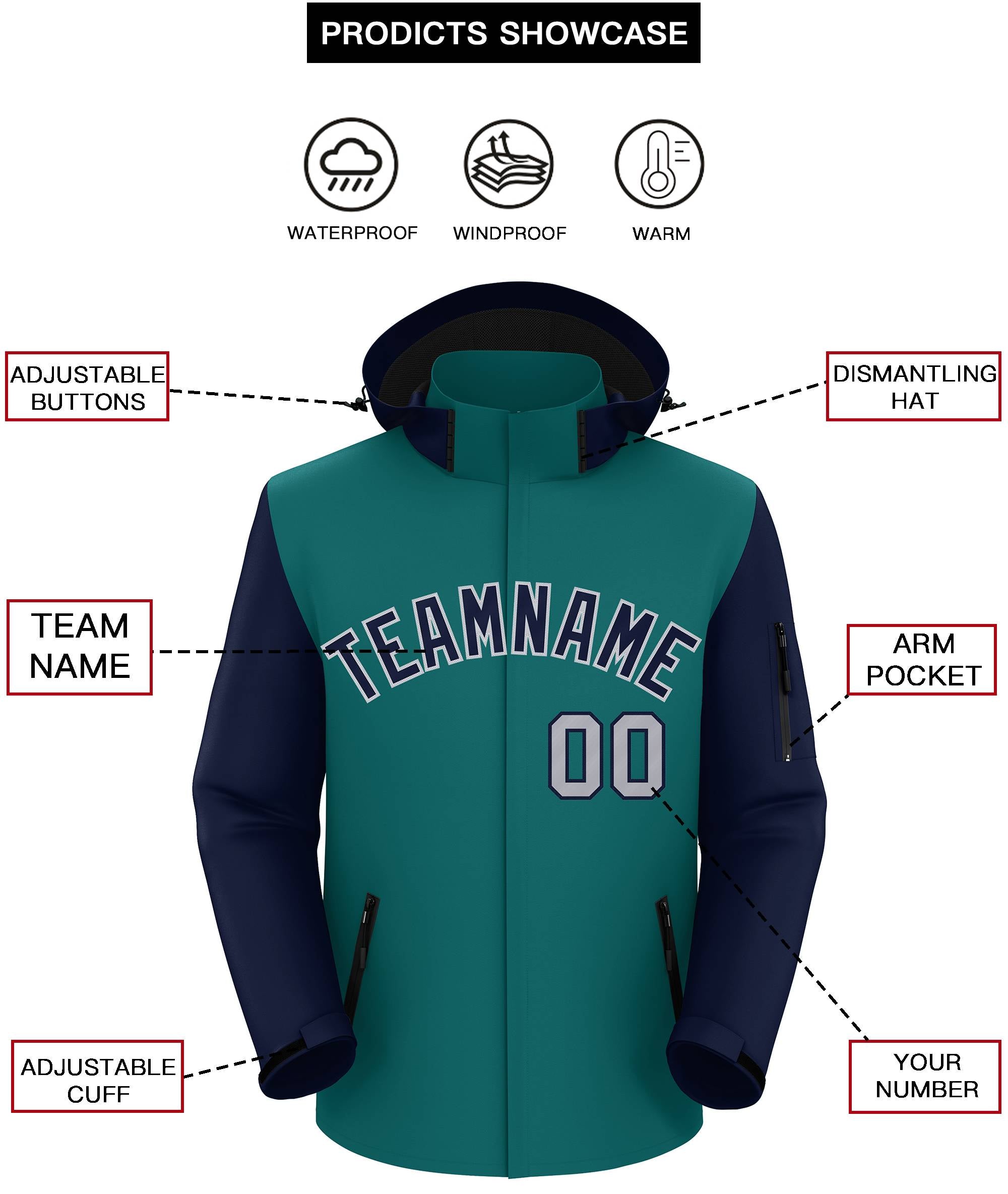 Custom Teal Navy-Gray Raglan Sleeves Waterproof Jacket