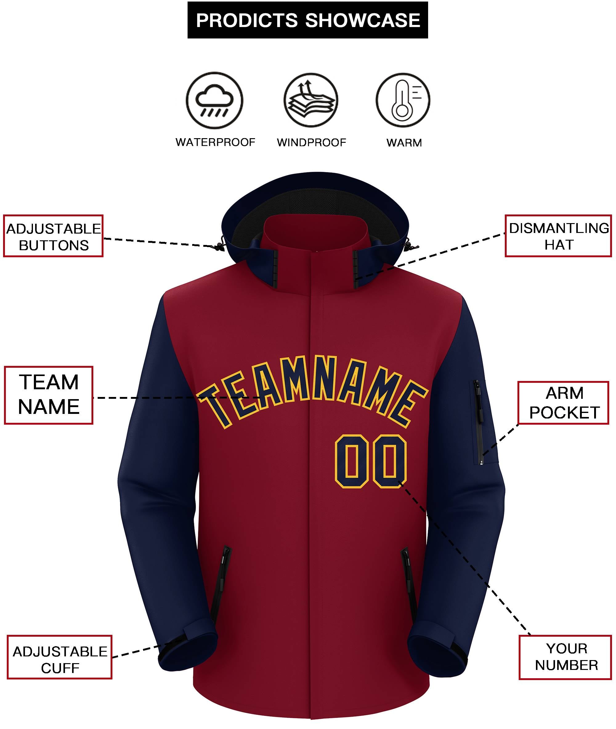 Veste imperméable à manches raglan personnalisées Crimson Navy-Gold