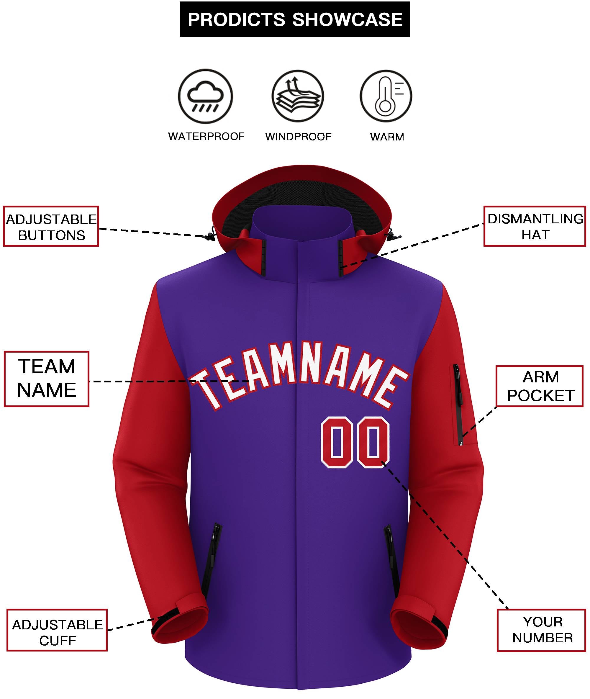 Custom Purple Red-White Raglan Sleeves Waterproof Jacket