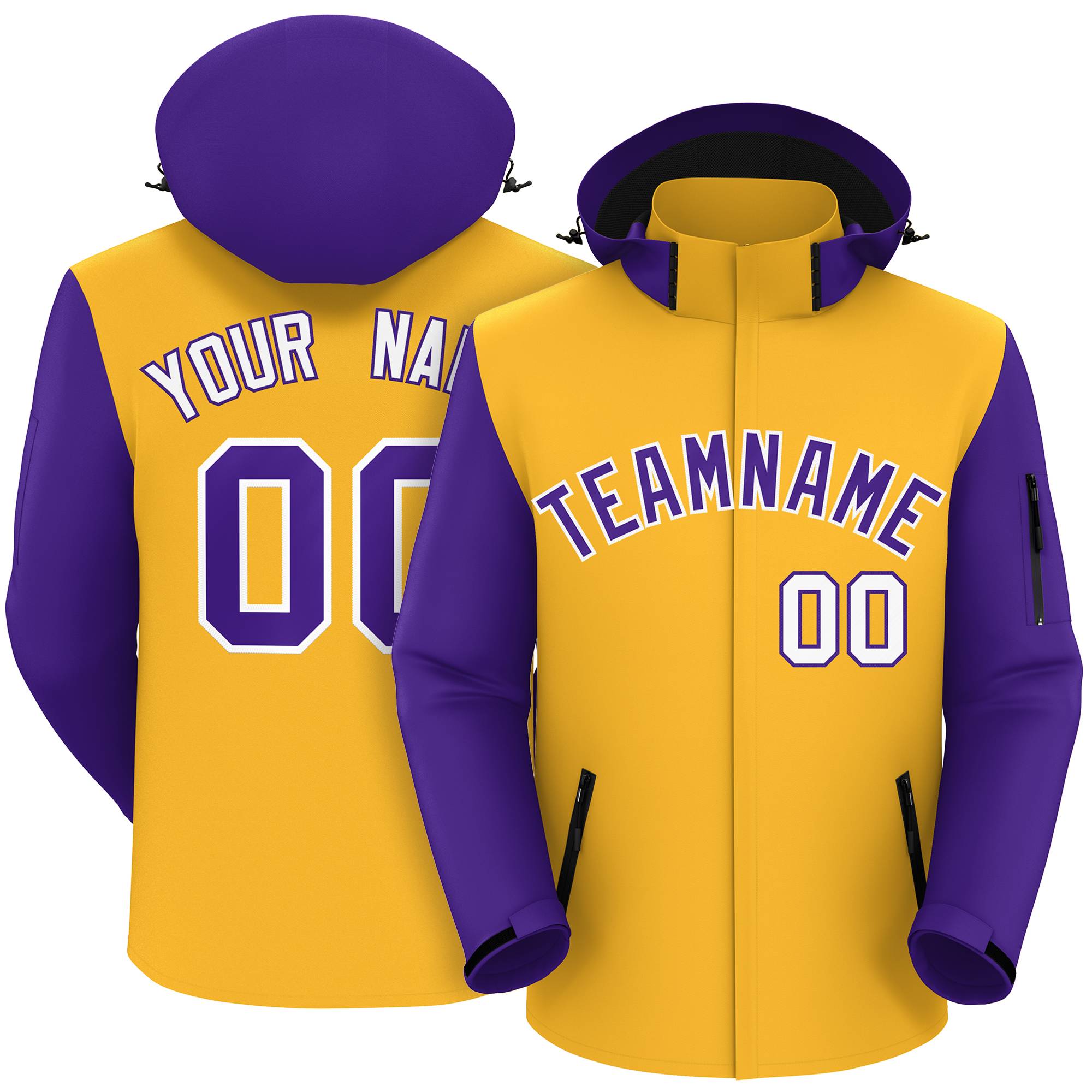 Custom Gold Purple-White Raglan Sleeves Waterproof Jacket