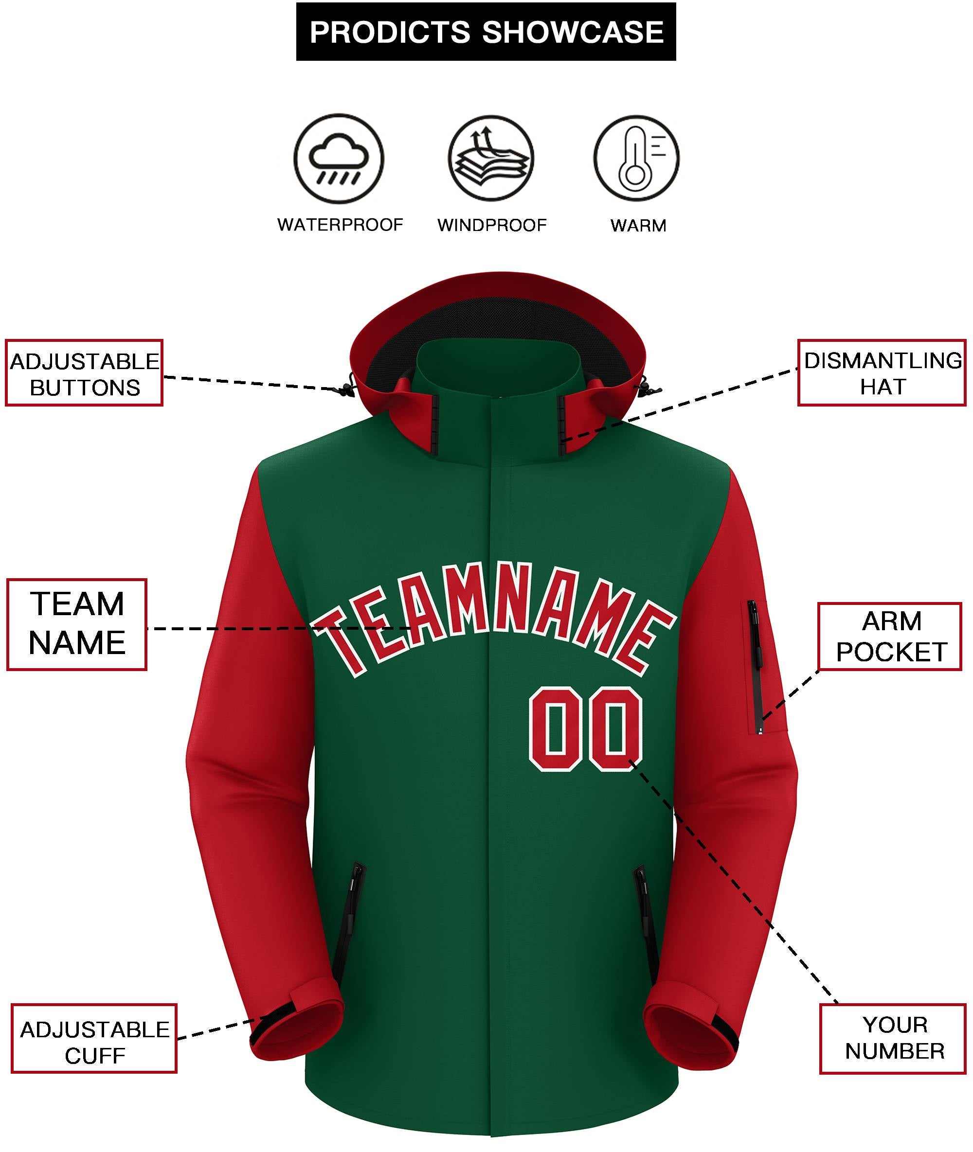 Custom Green Red-White Raglan Sleeves Waterproof Jacket