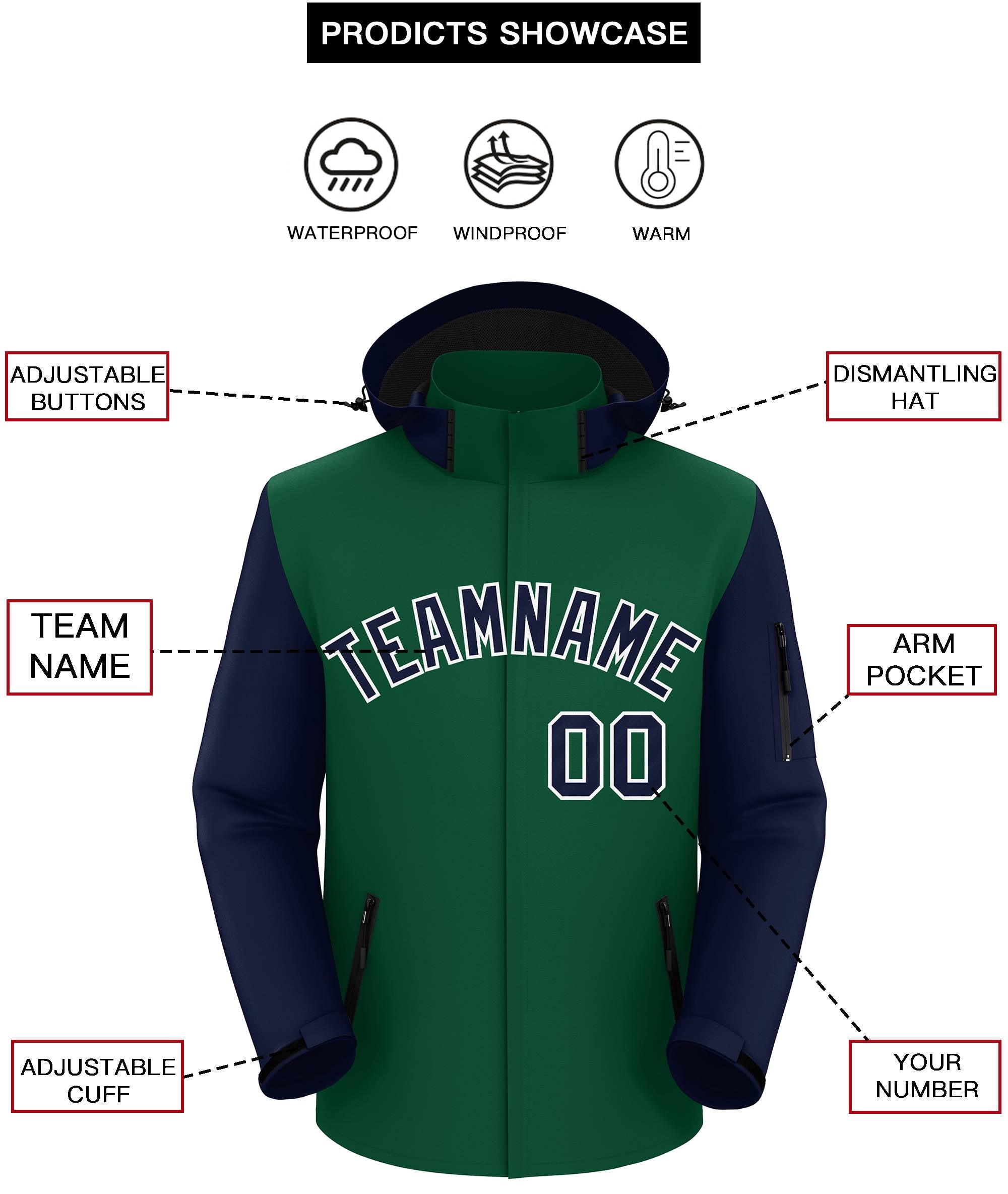 Custom Green Navy-White Raglan Sleeves Waterproof Jacket