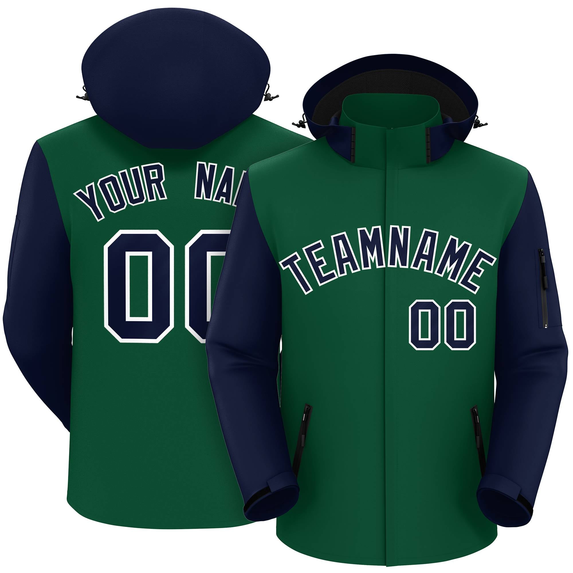 Custom Green Navy-White Raglan Sleeves Waterproof Jacket