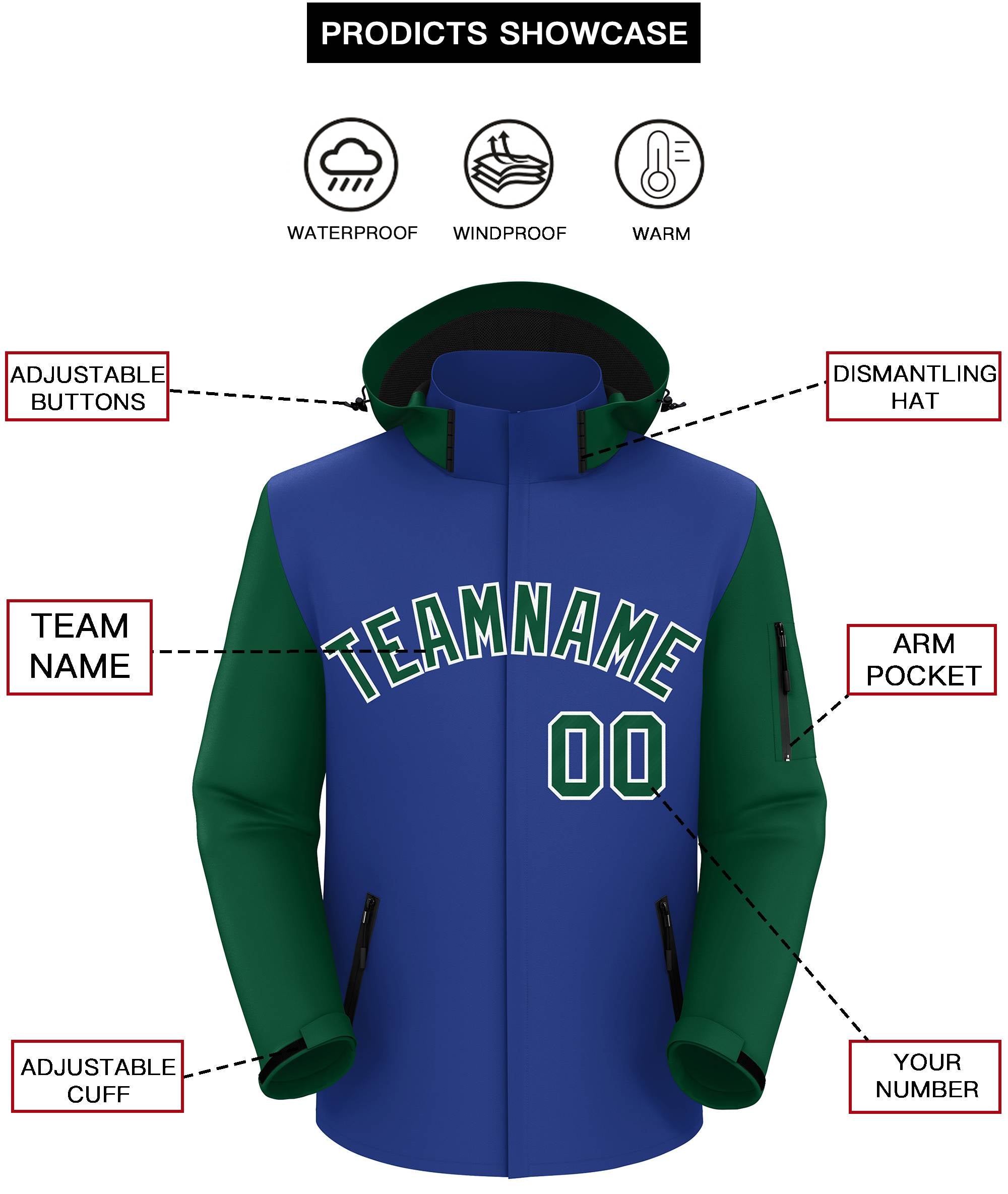 Custom Royal Green-White Raglan Sleeves Waterproof Jacket