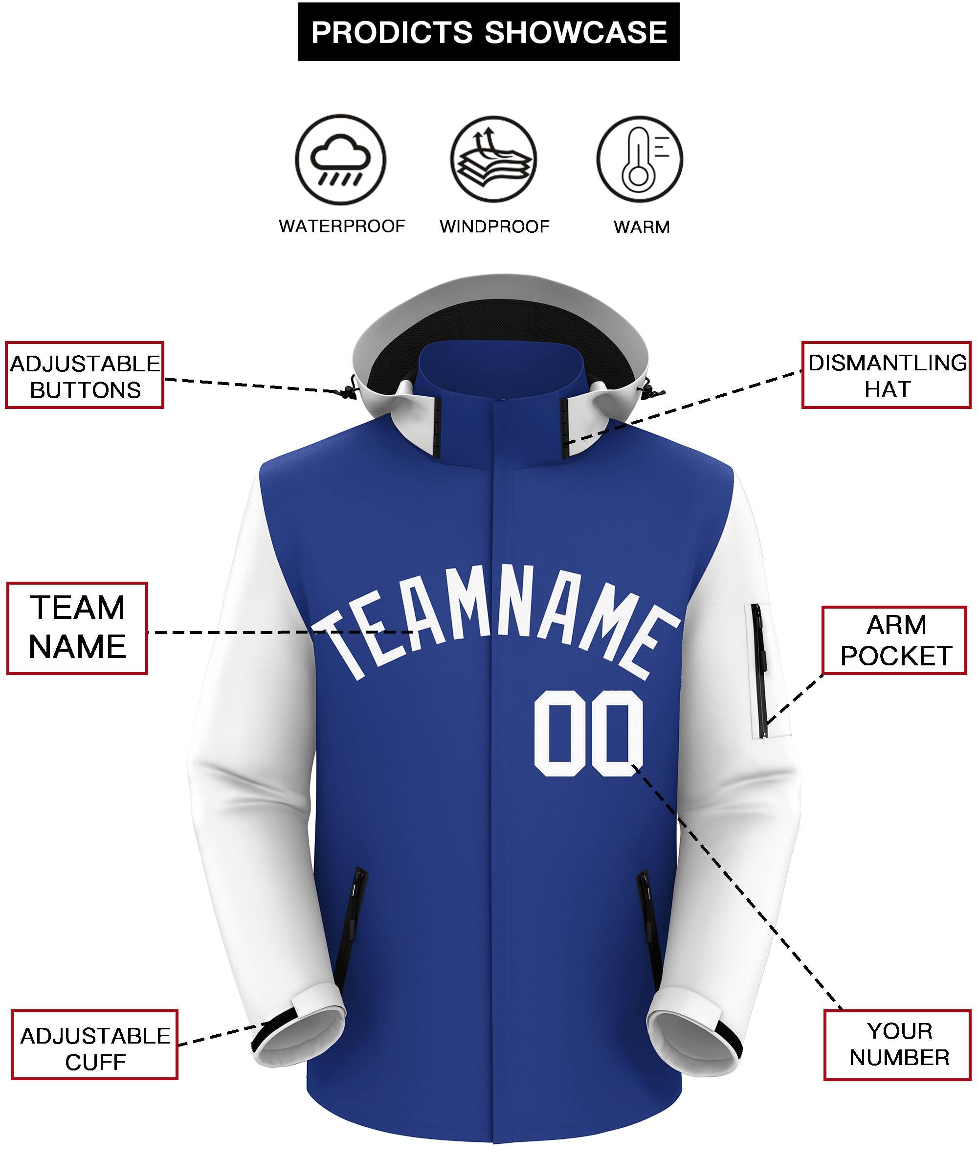 Custom Royal White Raglan Sleeves Waterproof Jacket