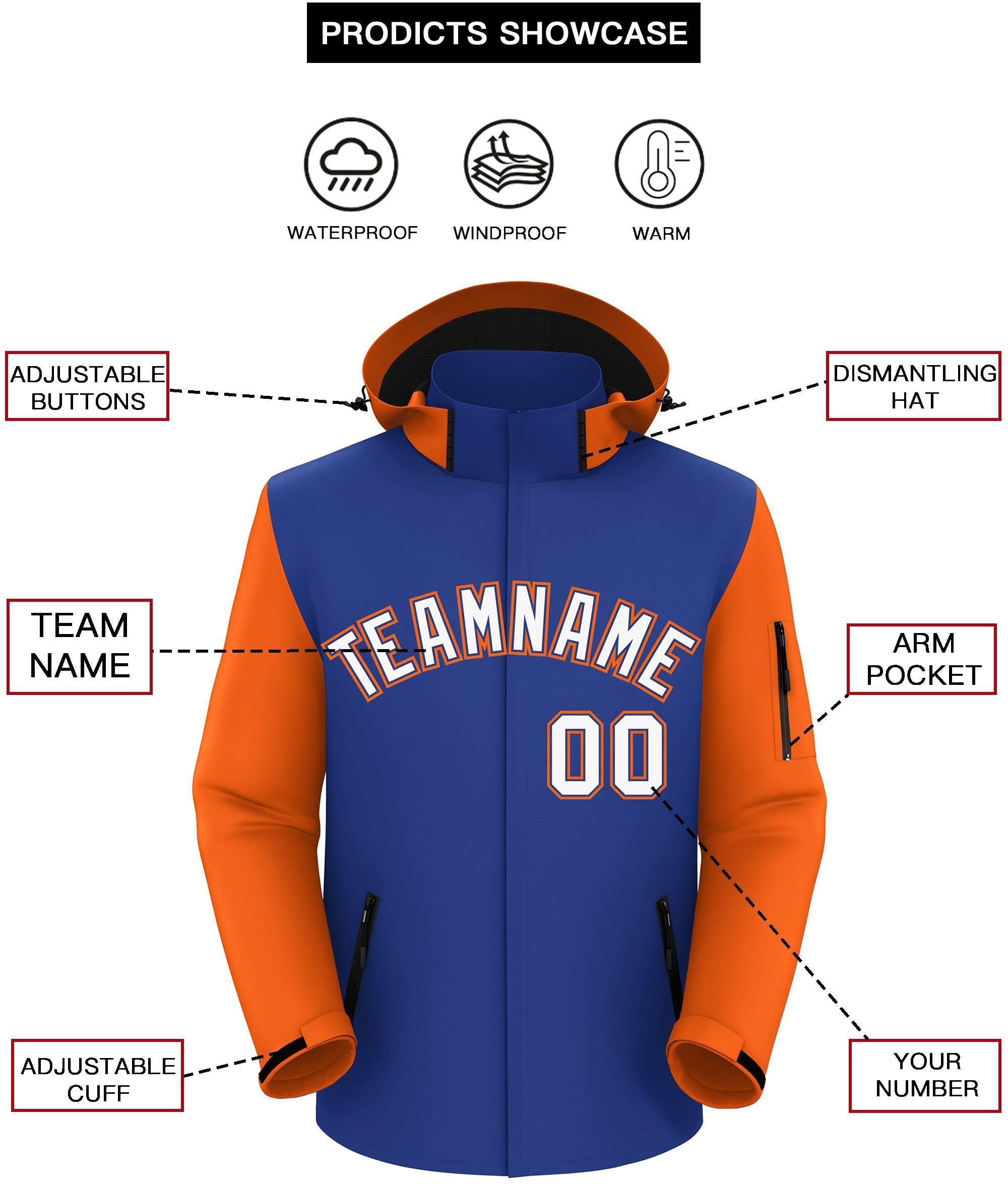 Custom Royal Orange-White Raglan Sleeves Waterproof Jacket