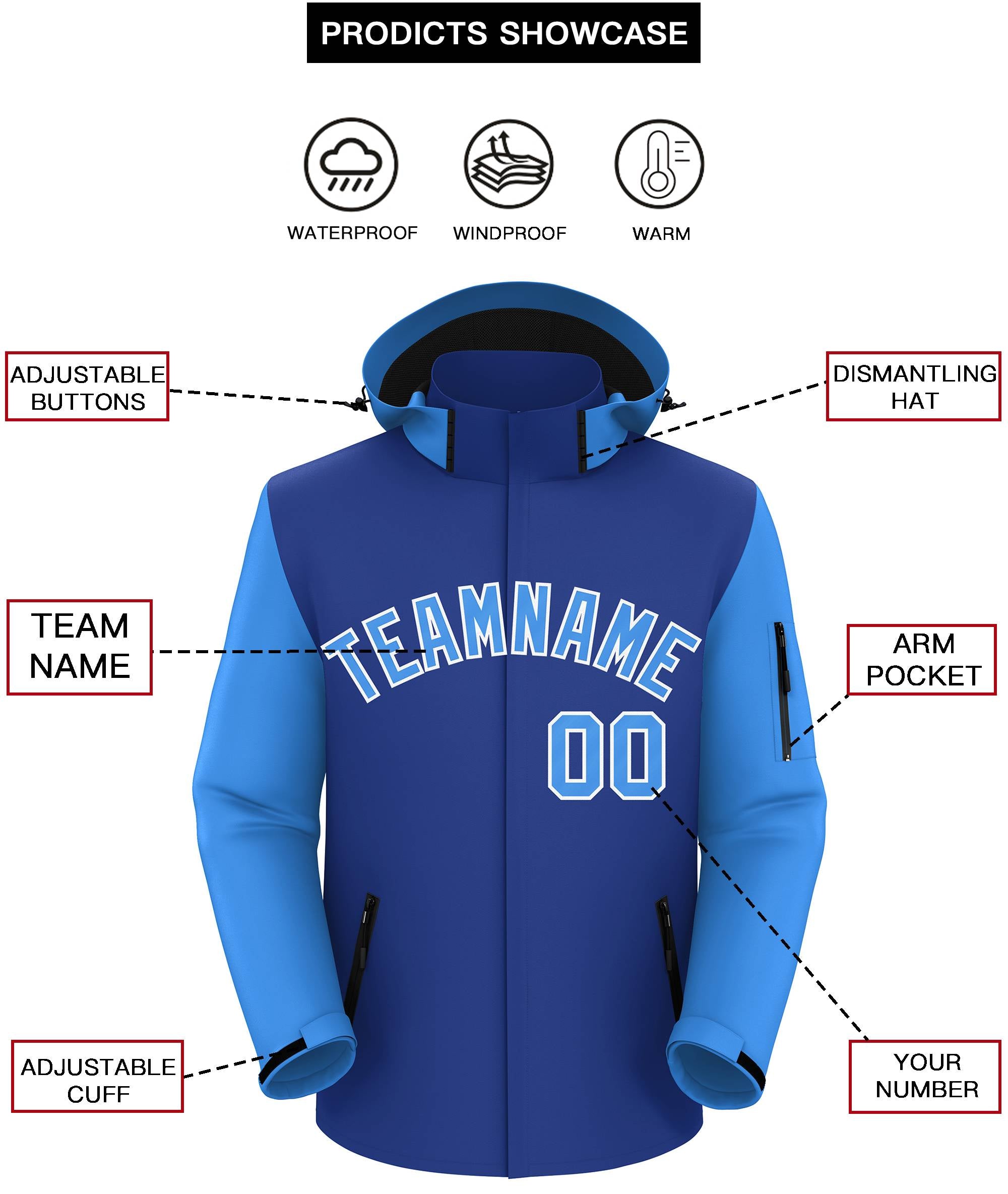 Custom Royal Powder Blue-White Raglan Sleeves Waterproof Jacket