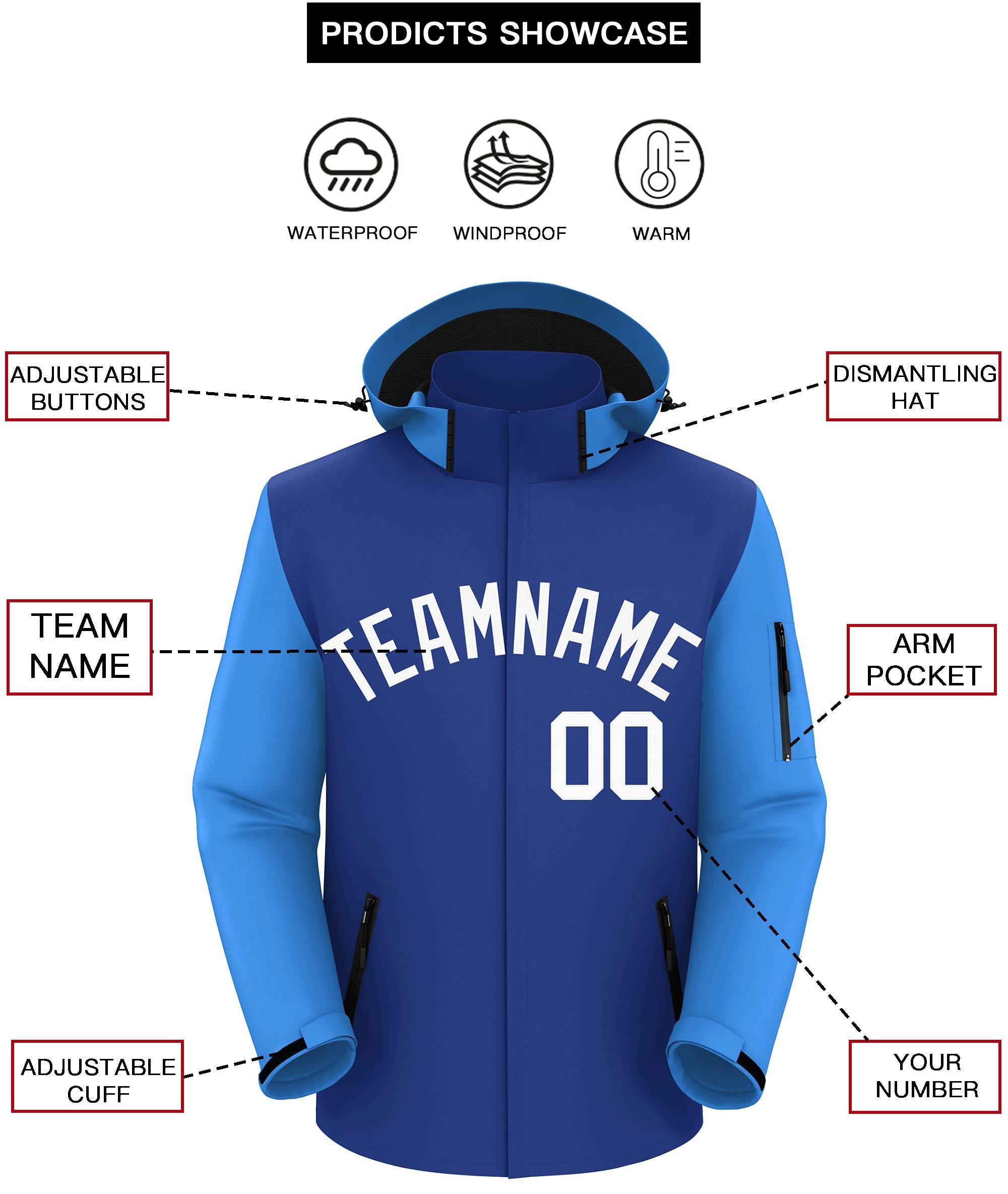 Custom Royal Powder Blue-White Raglan Sleeves Waterproof Jacket