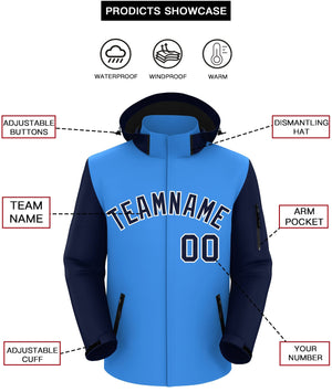 Custom Powder Blue Navy-White Raglan Sleeves Waterproof Jacket