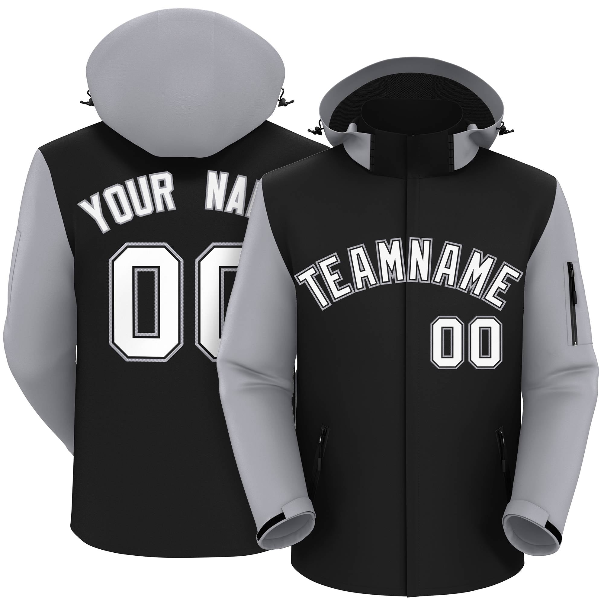 Custom Black Gray-White Raglan Sleeves Waterproof Jacket