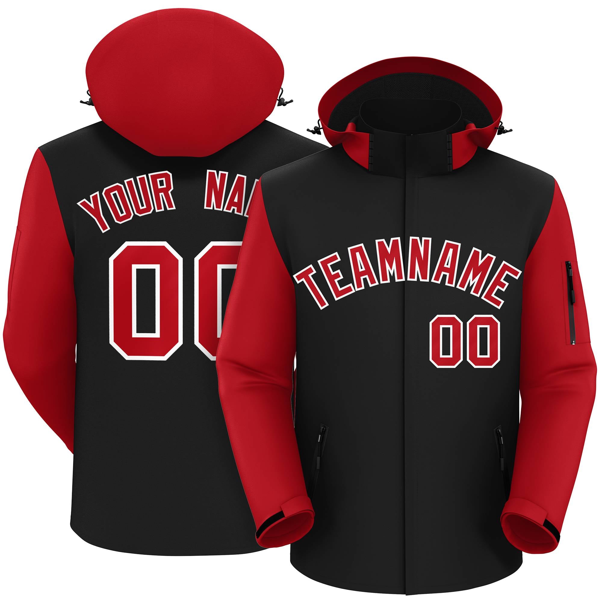 Custom Black Red-White Raglan Sleeves Waterproof Jacket