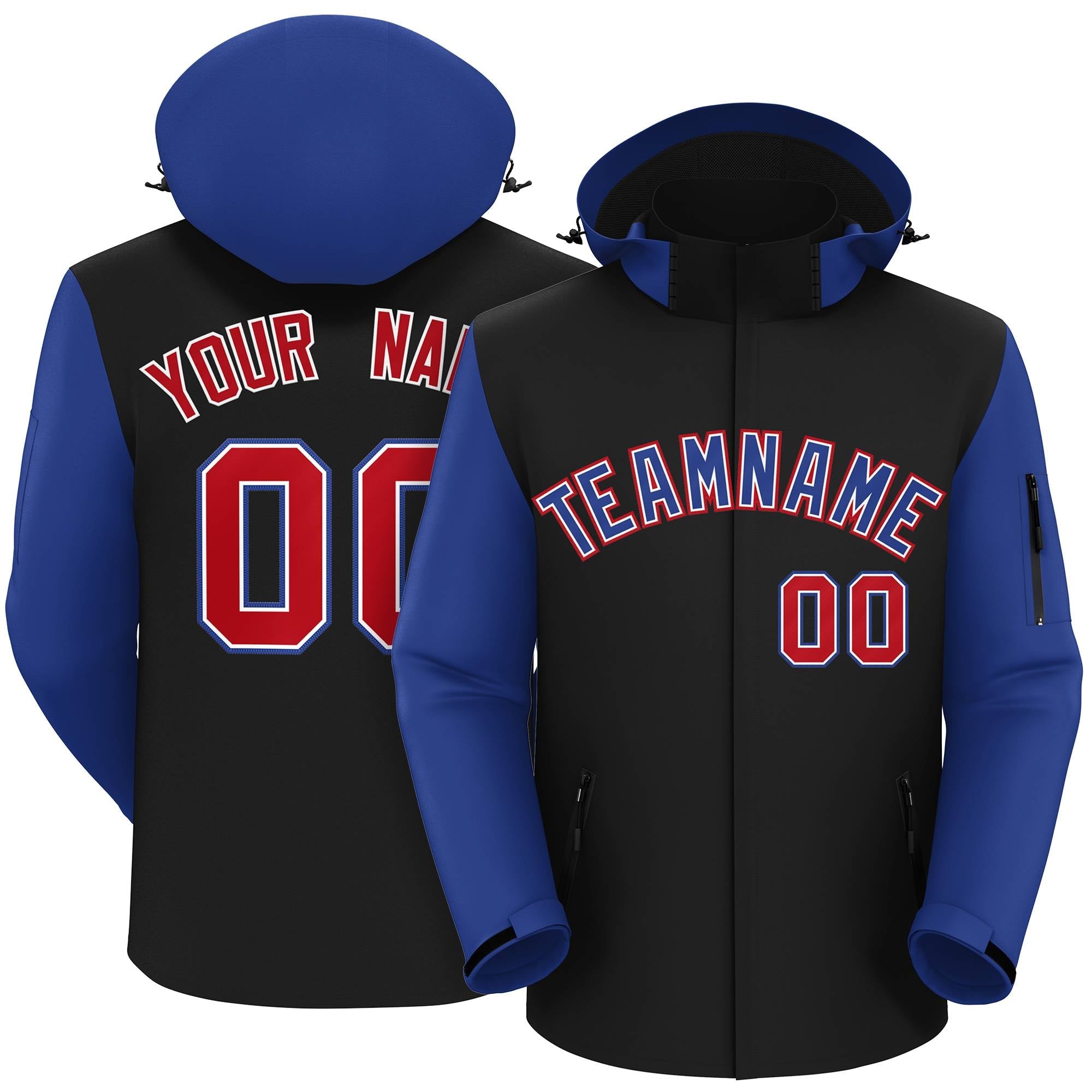 Custom Black Royal-Red Raglan Sleeves Waterproof Jacket