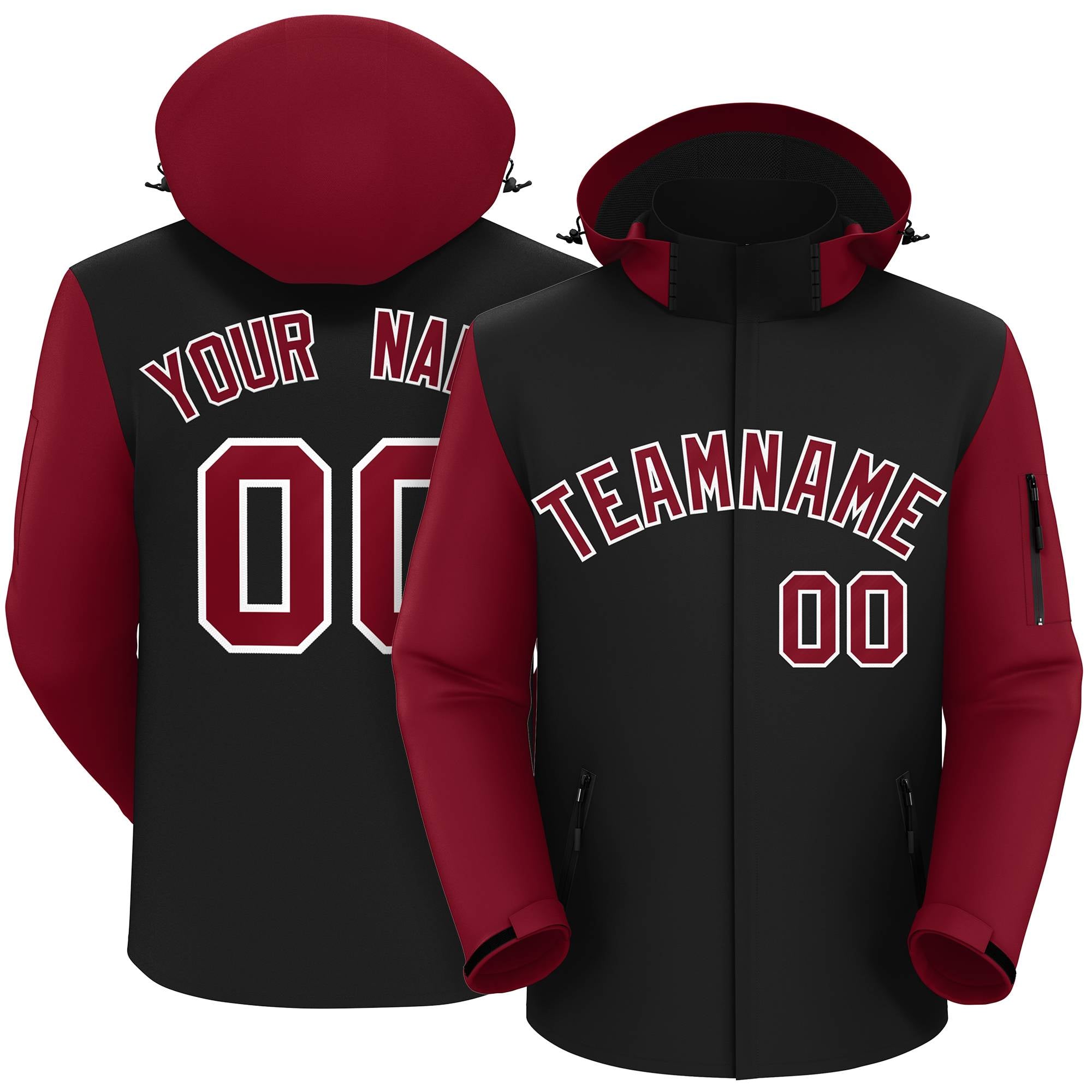 Custom Black Crimson-White Raglan Sleeves Waterproof Jacket