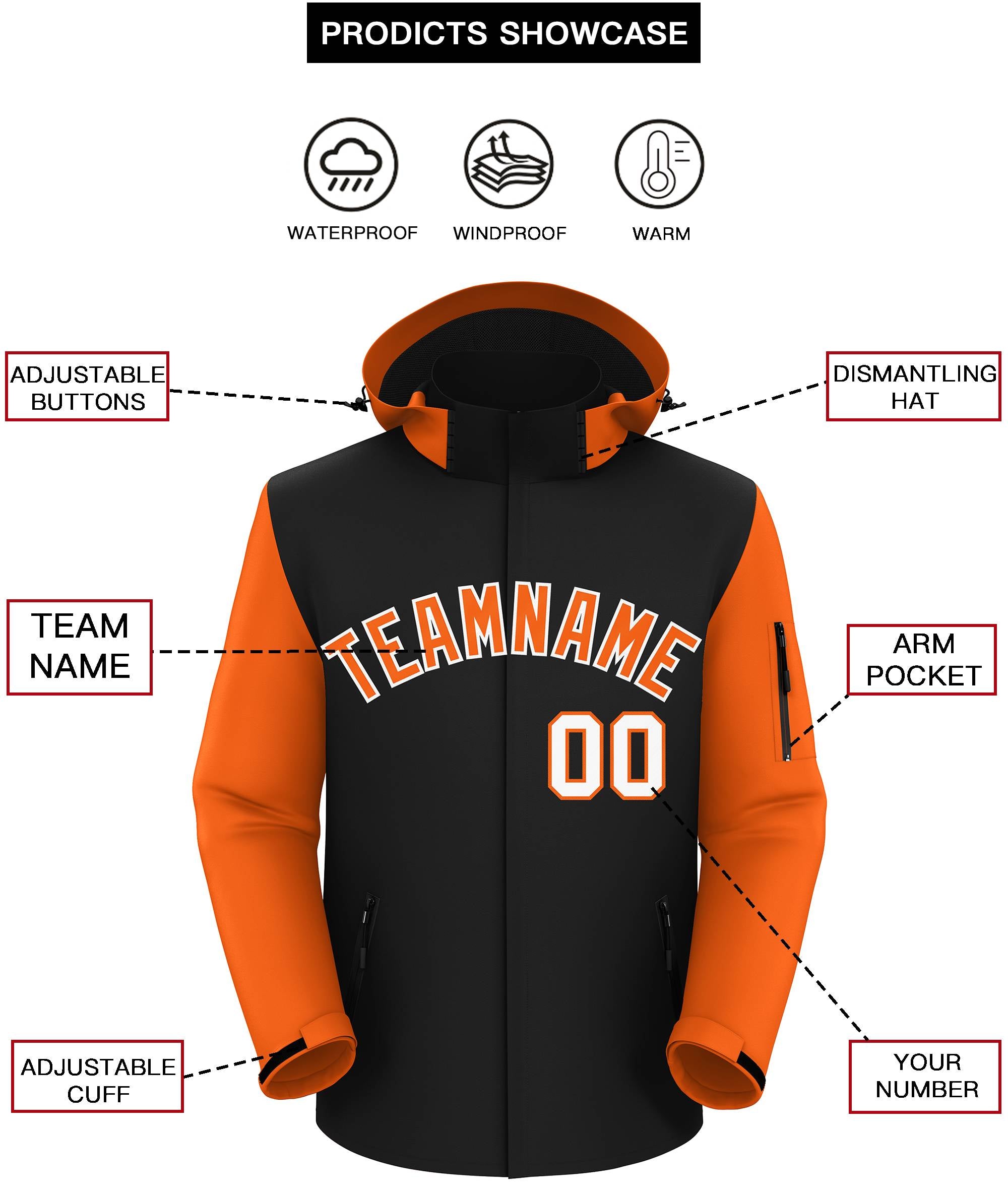 Custom Black Orange-White Raglan Sleeves Waterproof Jacket