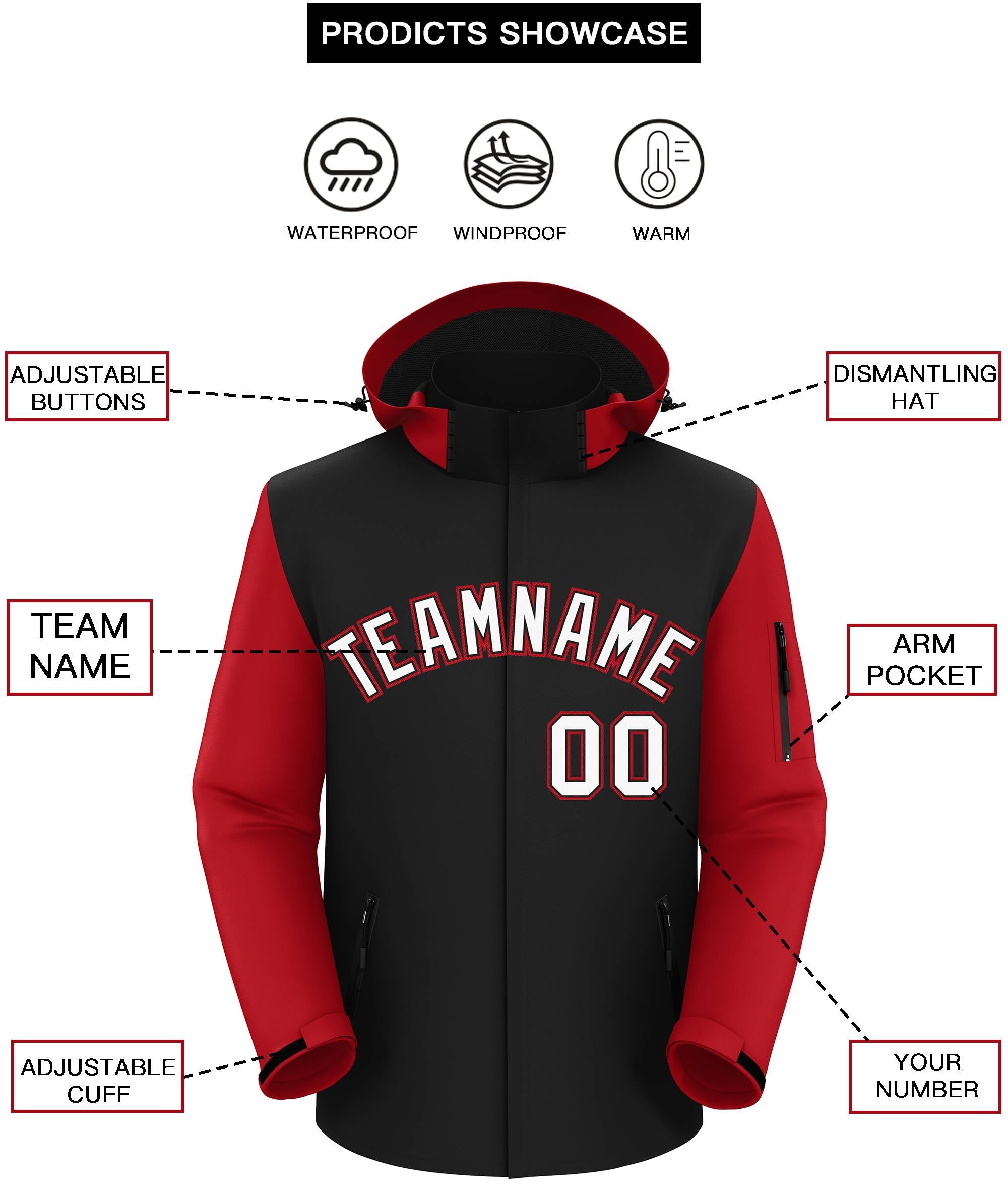 Custom Black Red-White Raglan Sleeves Waterproof Jacket