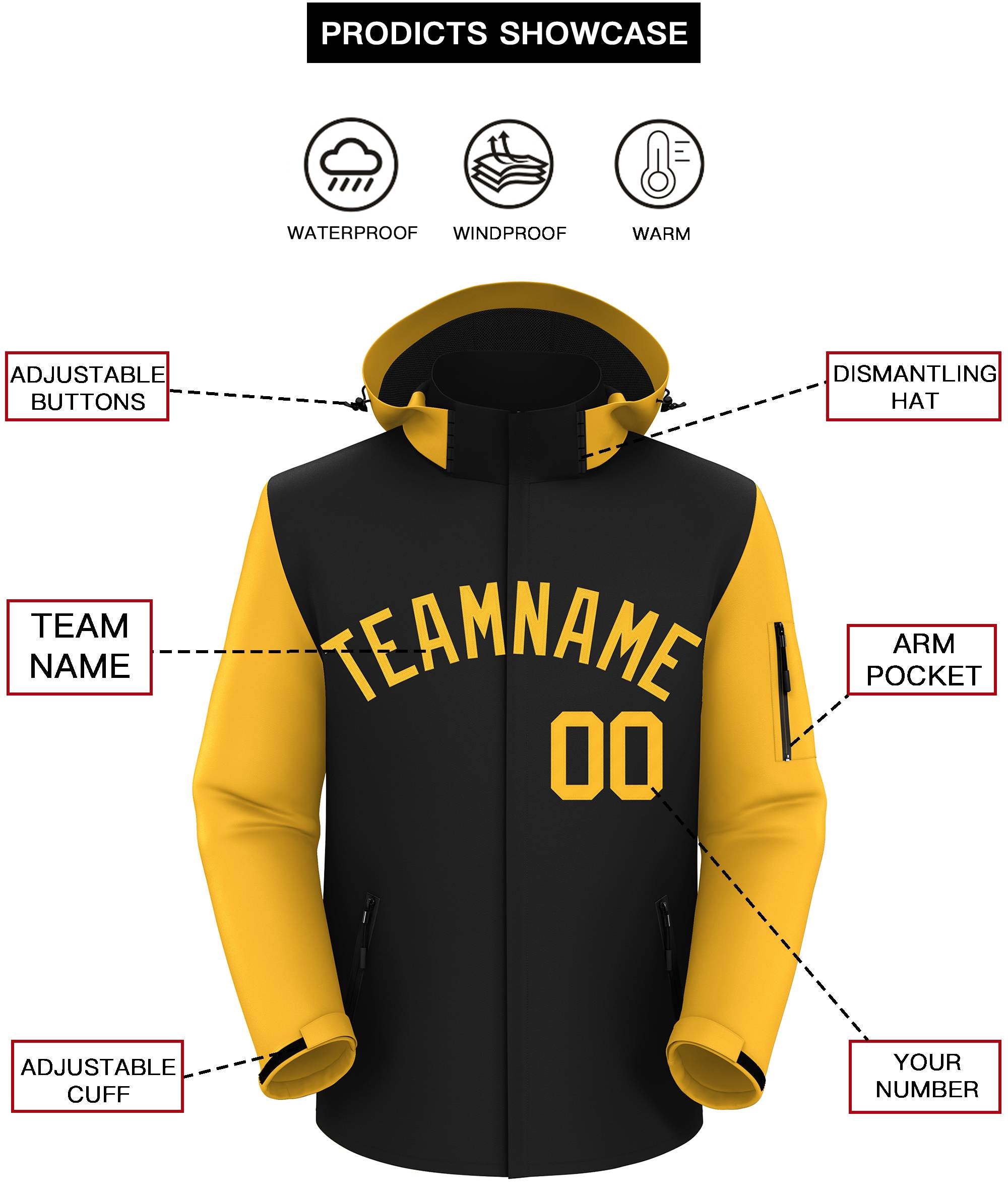 Custom Black Gold Raglan Sleeves Waterproof Jacket