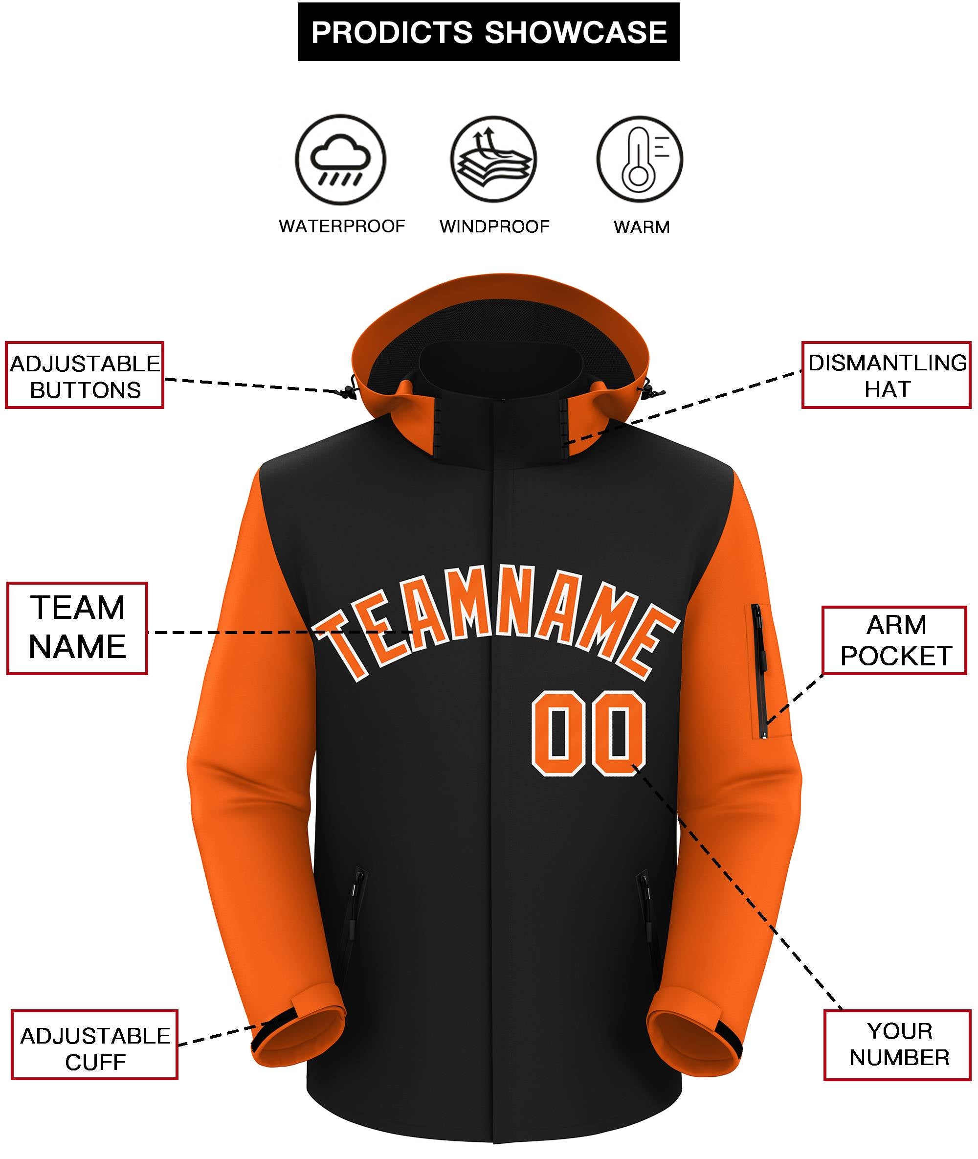 Custom Black Orange-White Raglan Sleeves Waterproof Jacket