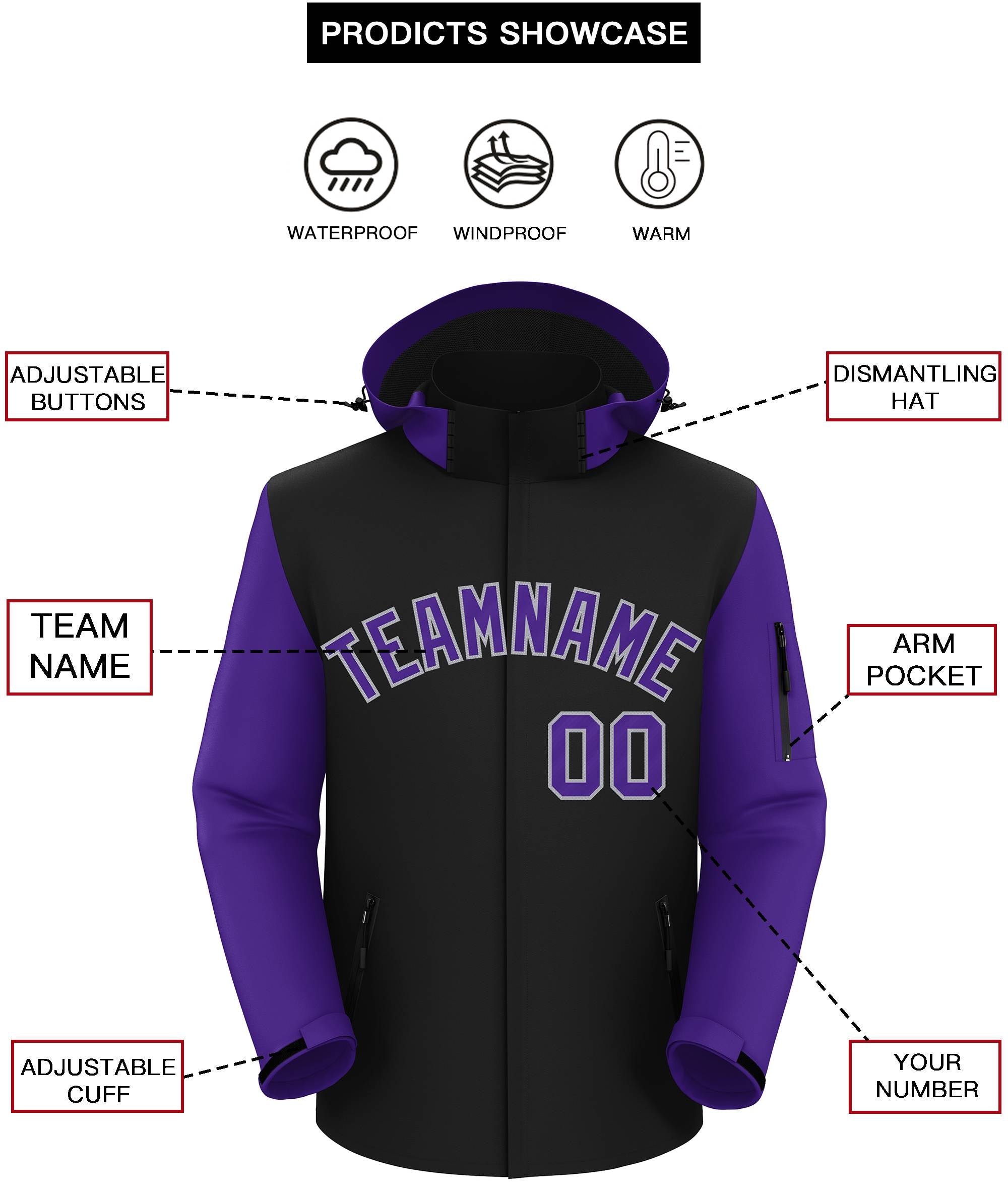 Custom Black Purple-Gray Raglan Sleeves Waterproof Jacket