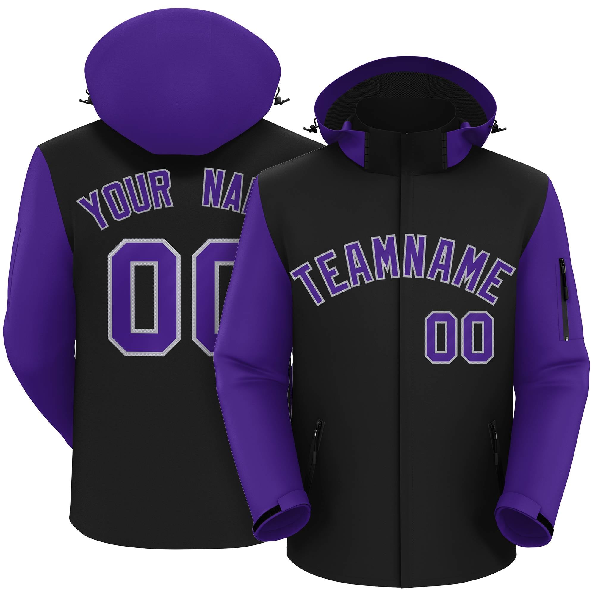 Custom Black Purple-Gray Raglan Sleeves Waterproof Jacket