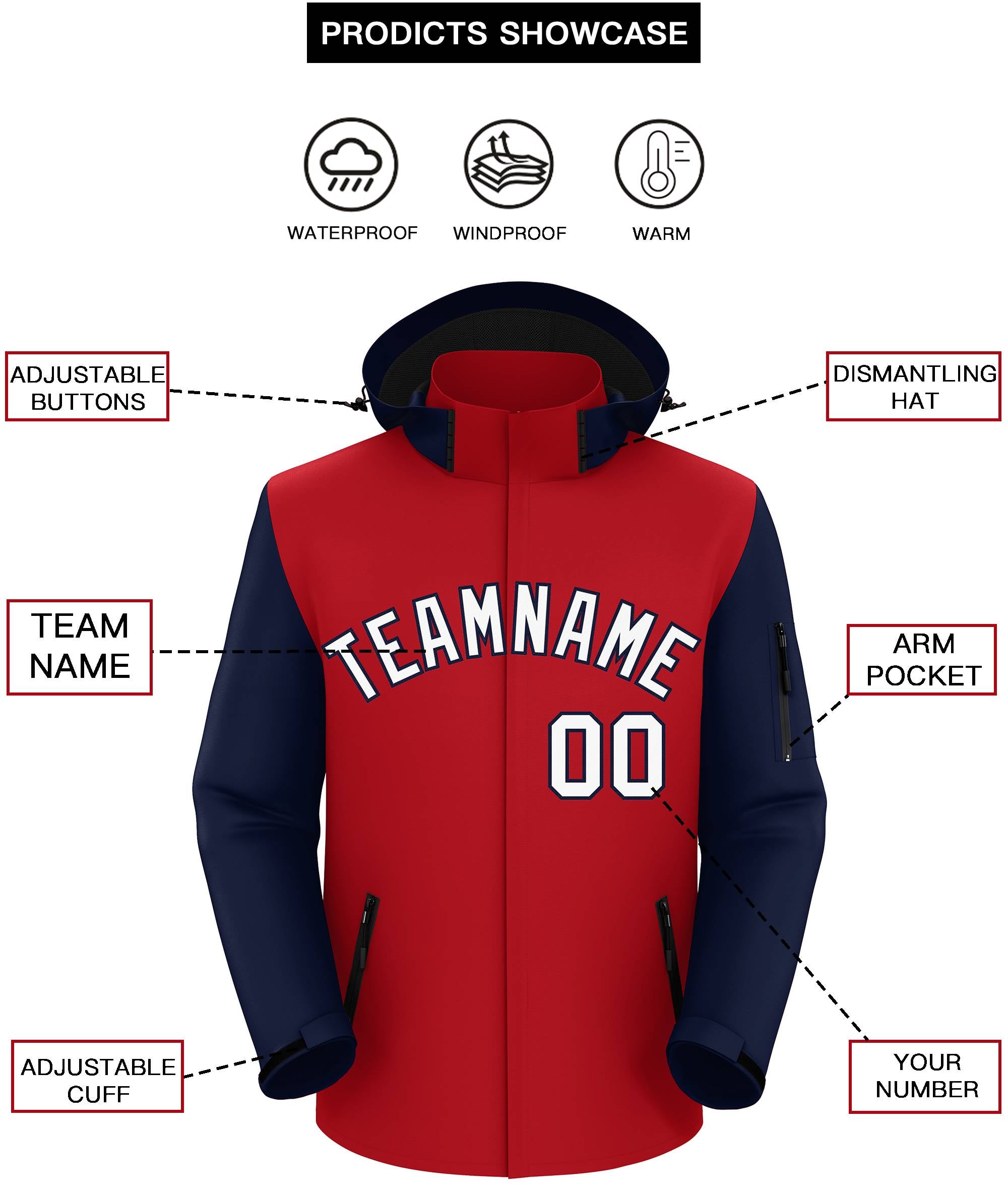 Custom Red Navy-White Raglan Sleeves Waterproof Jacket