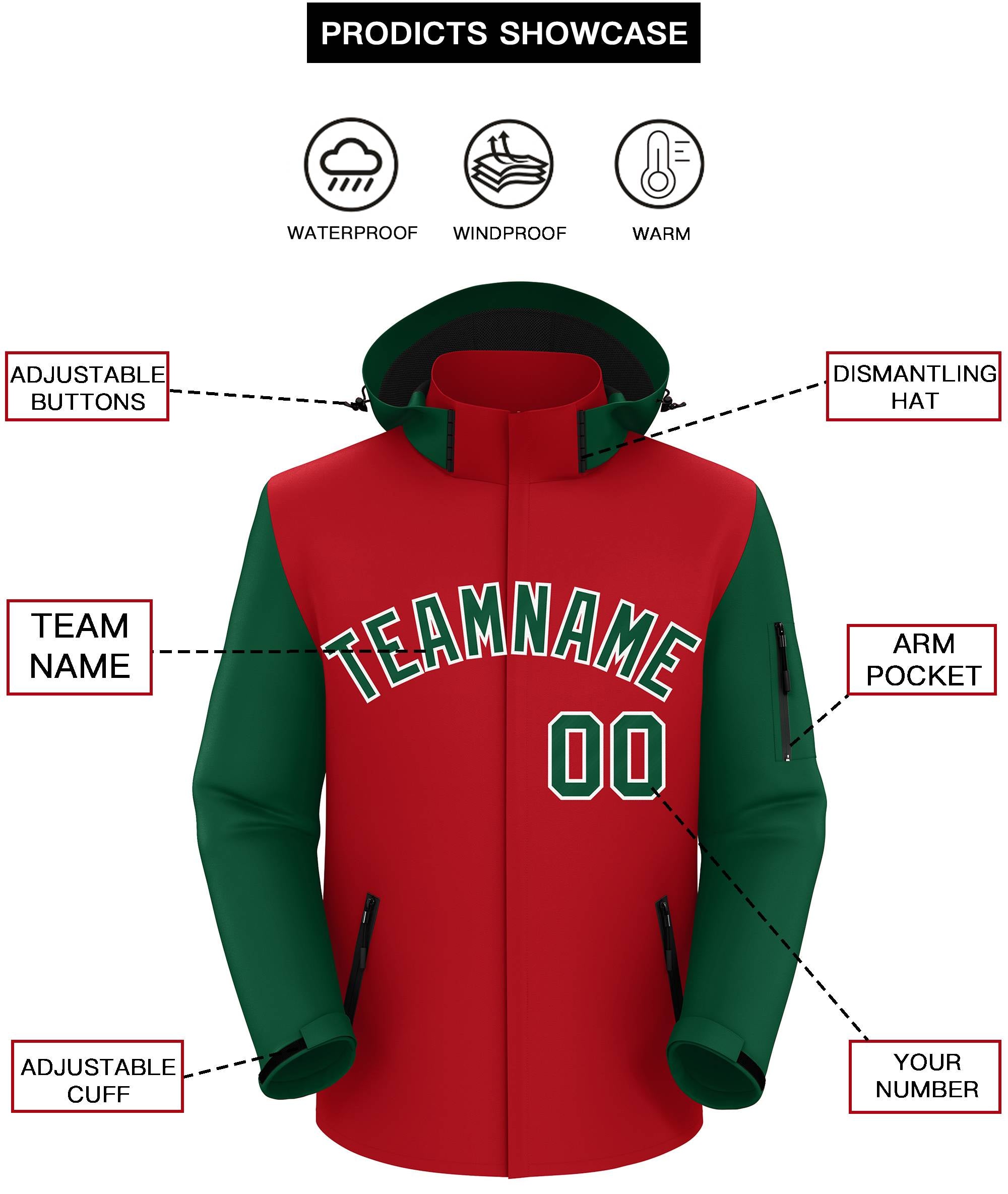 Custom Red Green-White Raglan Sleeves Waterproof Jacket