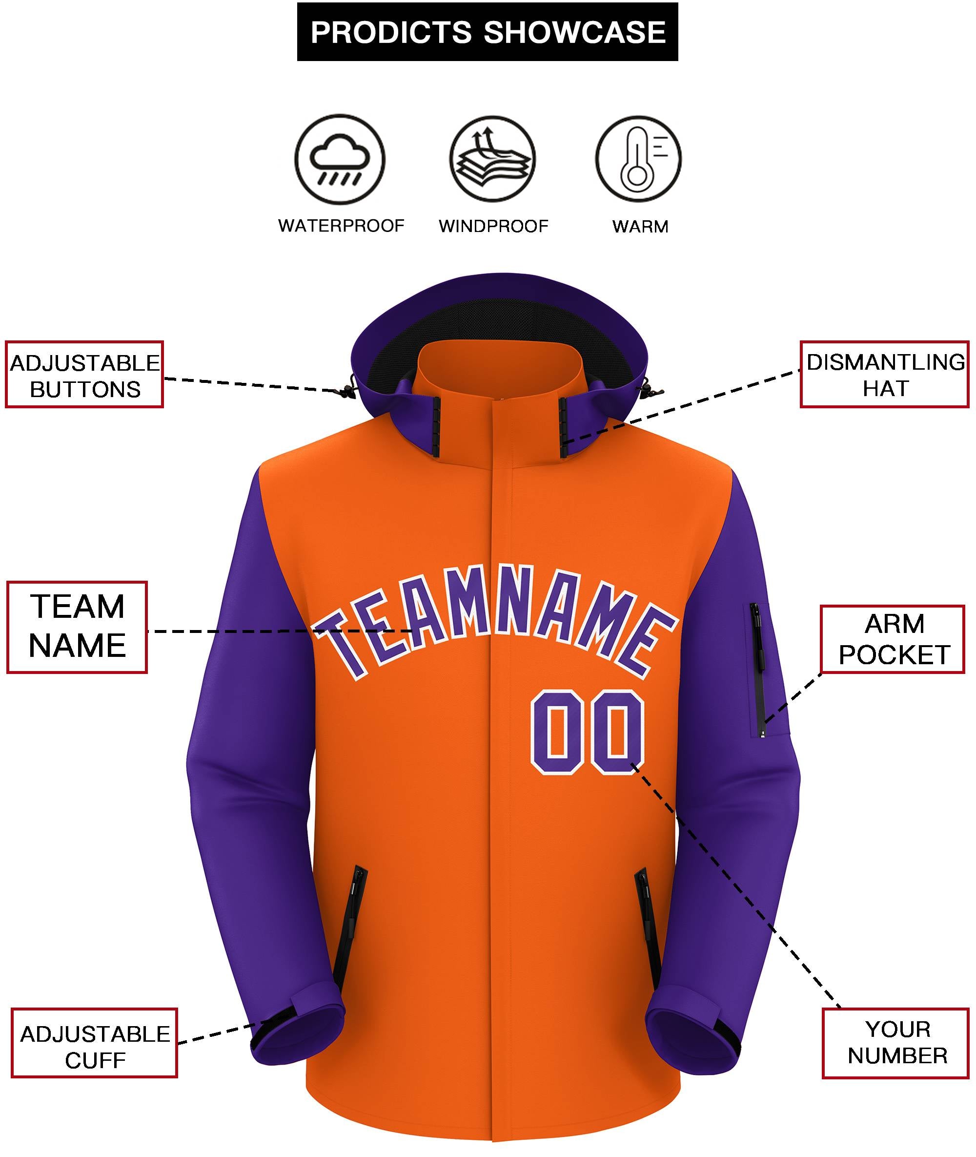 Custom Orange Purple-White Raglan Sleeves Waterproof Jacket