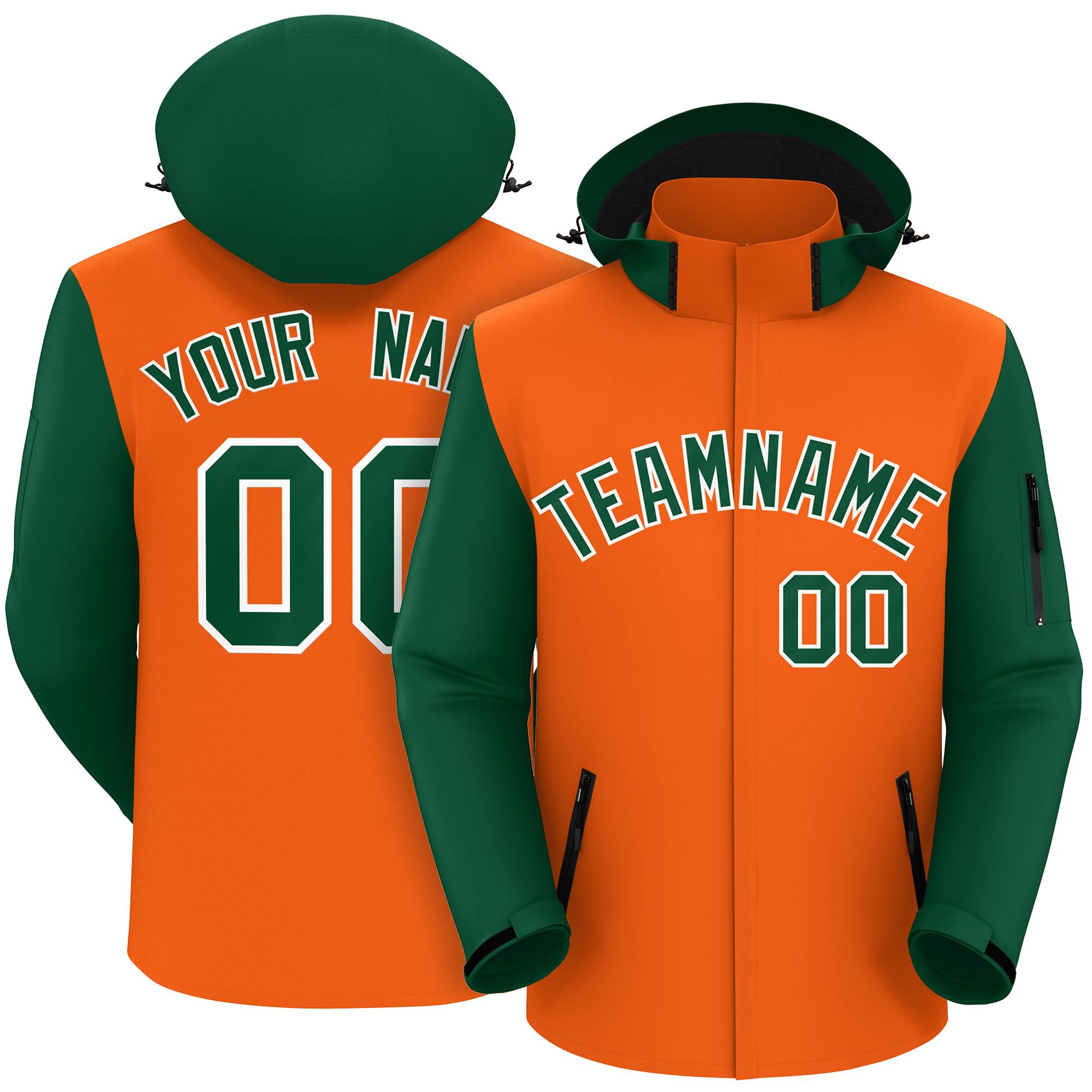 Veste imperméable personnalisée à manches raglan orange vert-blanc