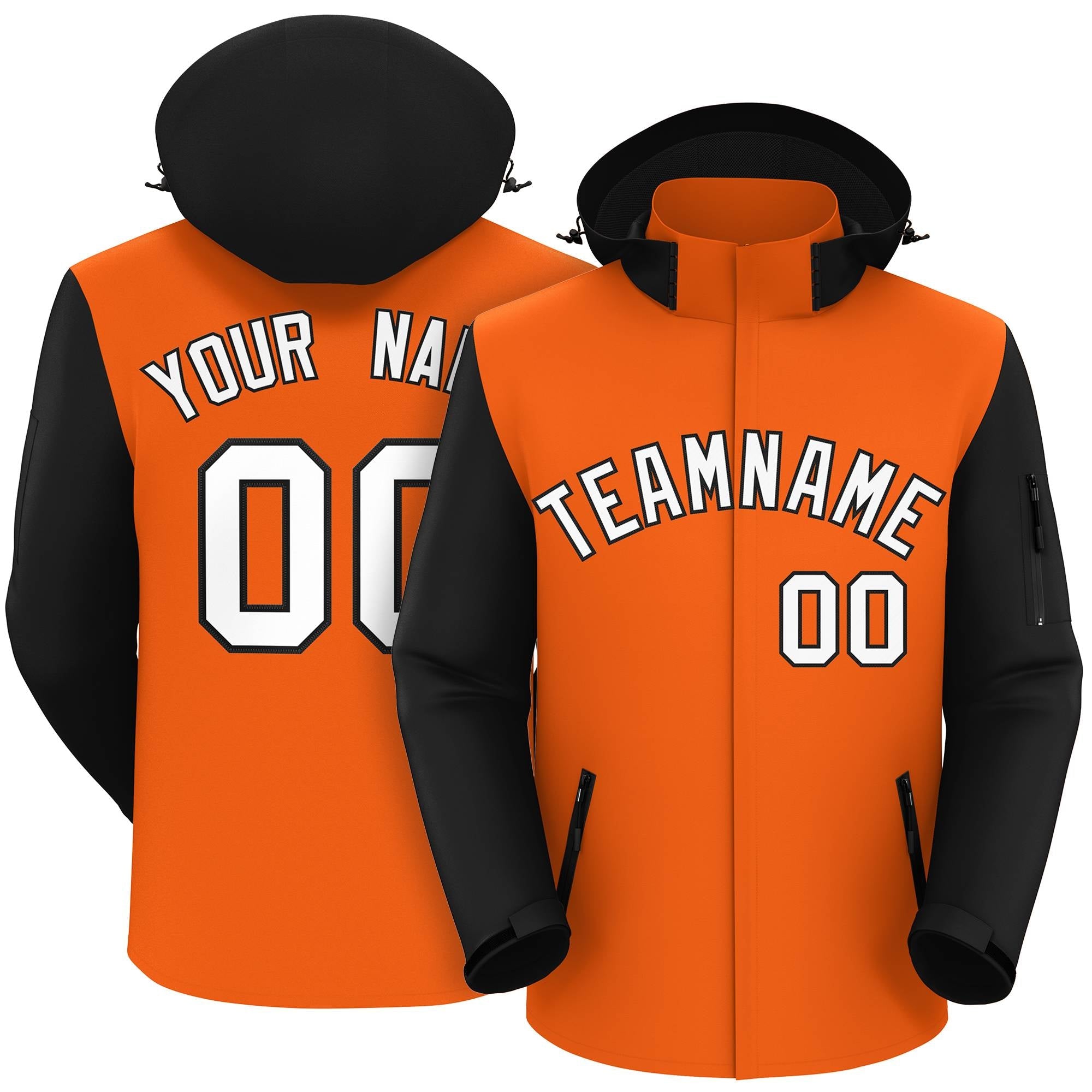 Veste imperméable à manches raglan orange noir-blanc personnalisée